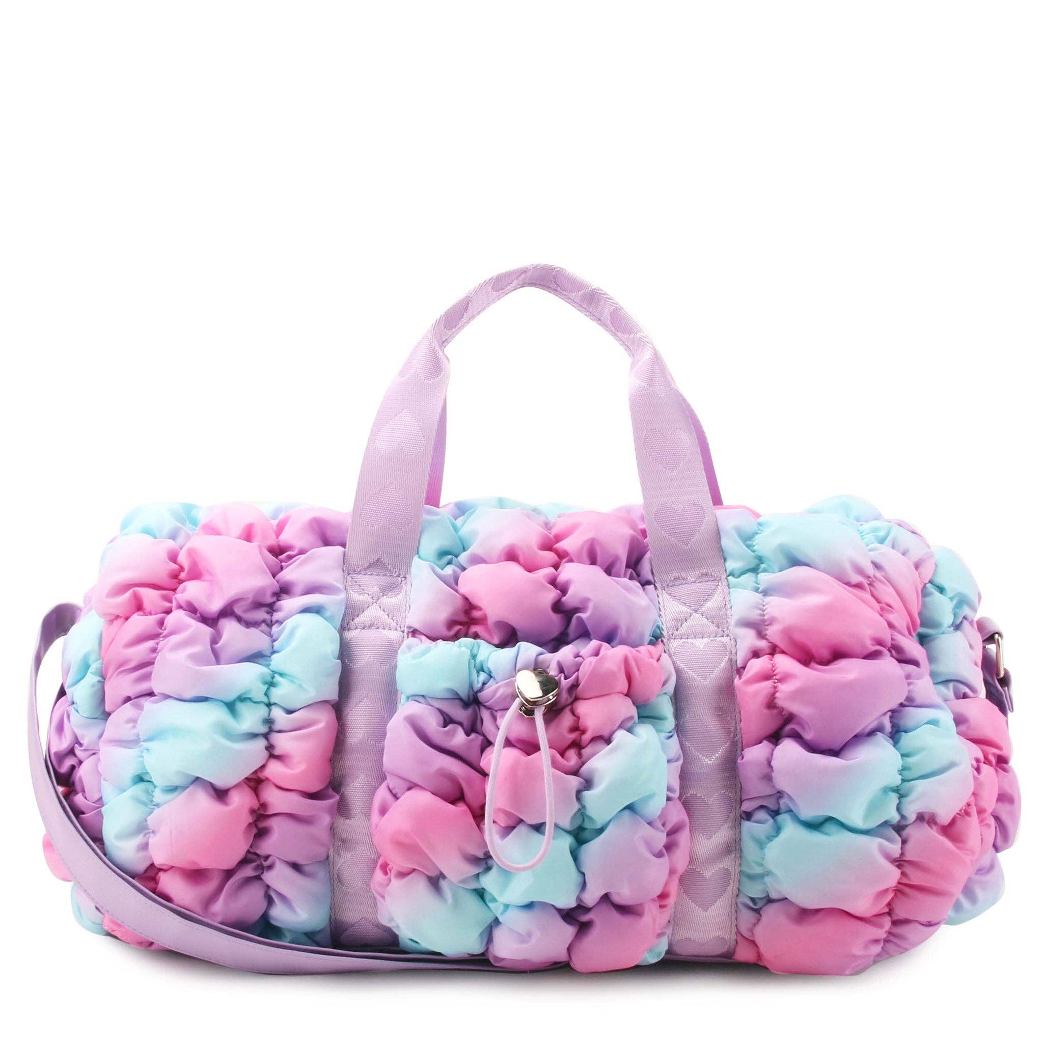 Multicolored textured bag with a handle on a white background