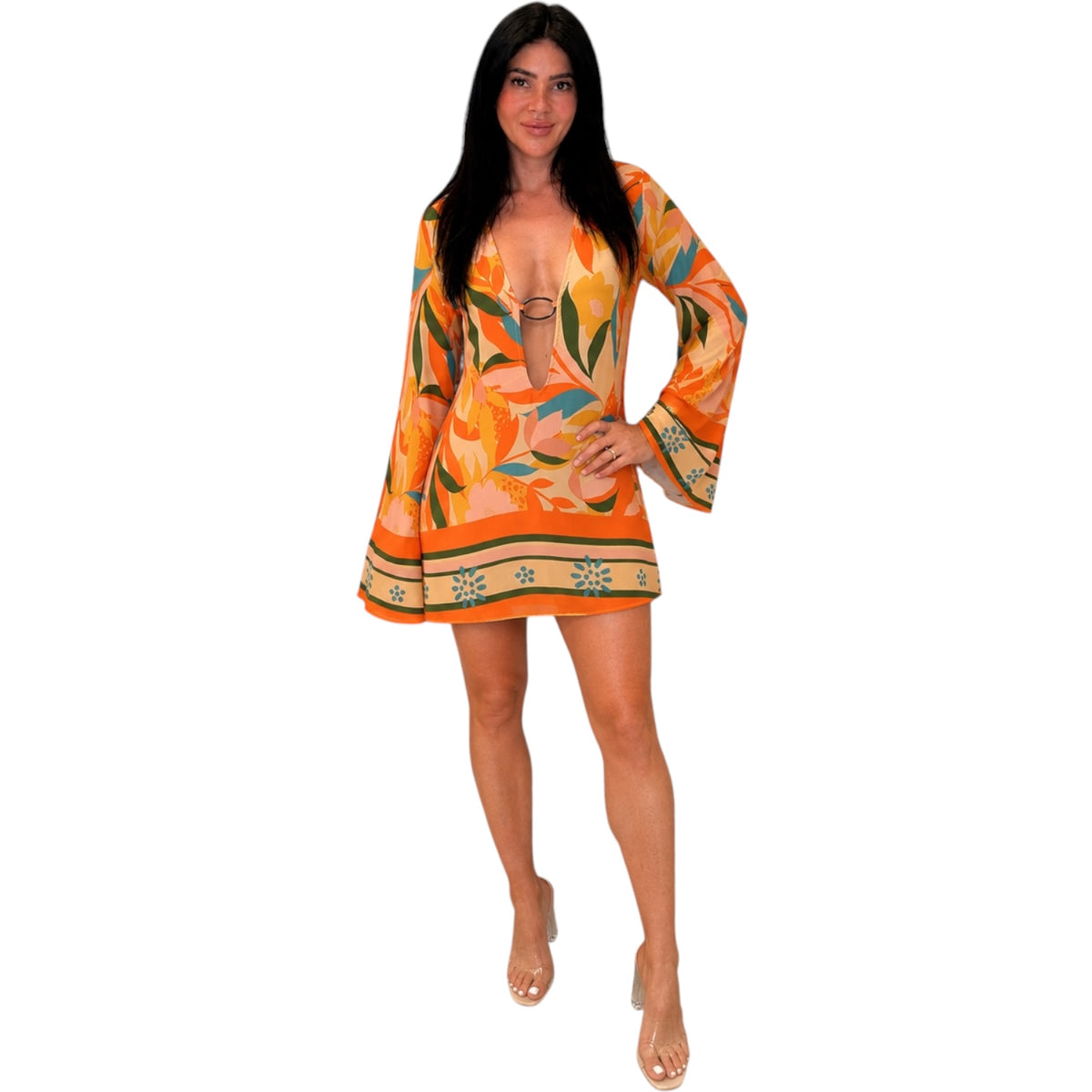 Orange Tropical Print Cover Up/Mini Dress Medium
