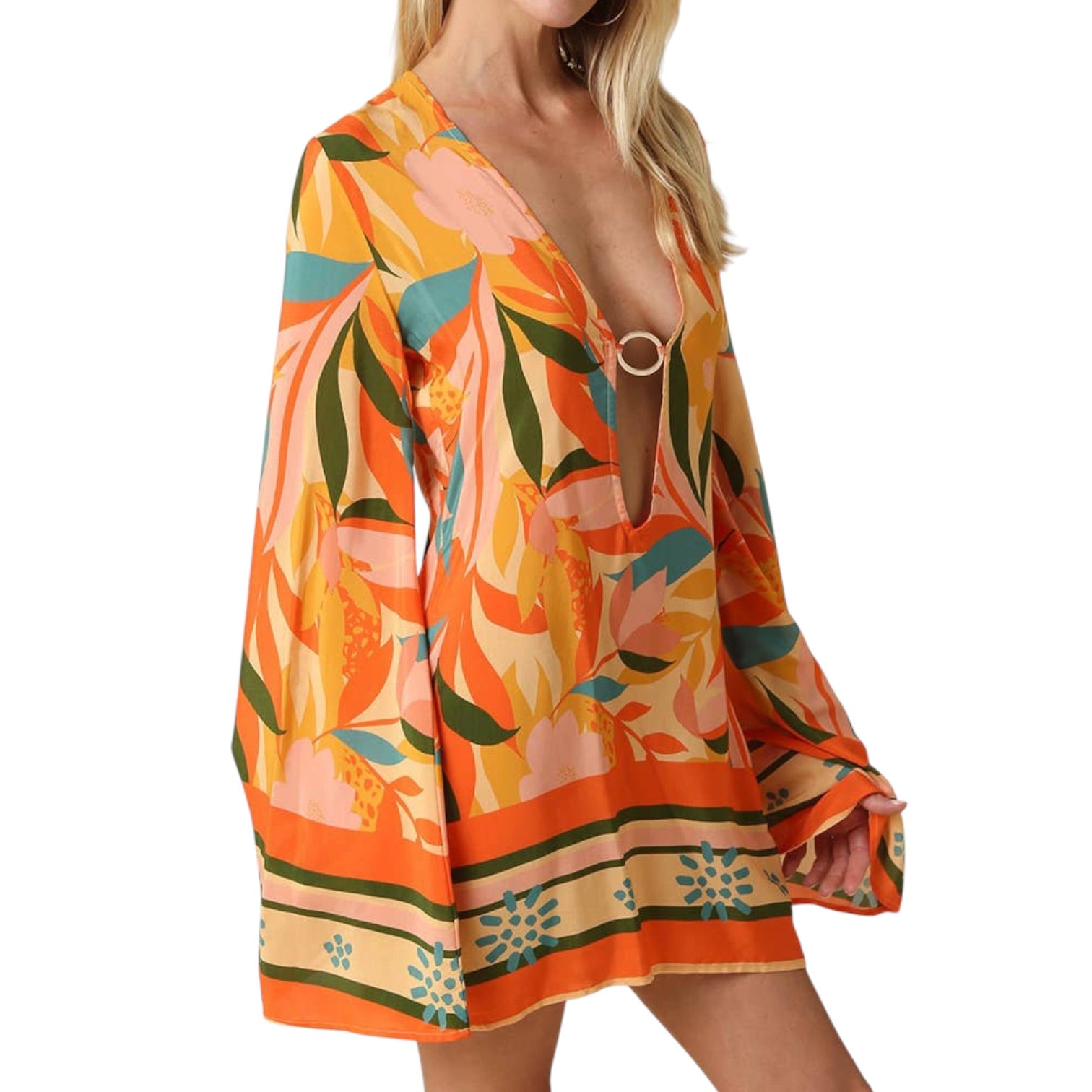 Colorful floral dress with long sleeves on a white background