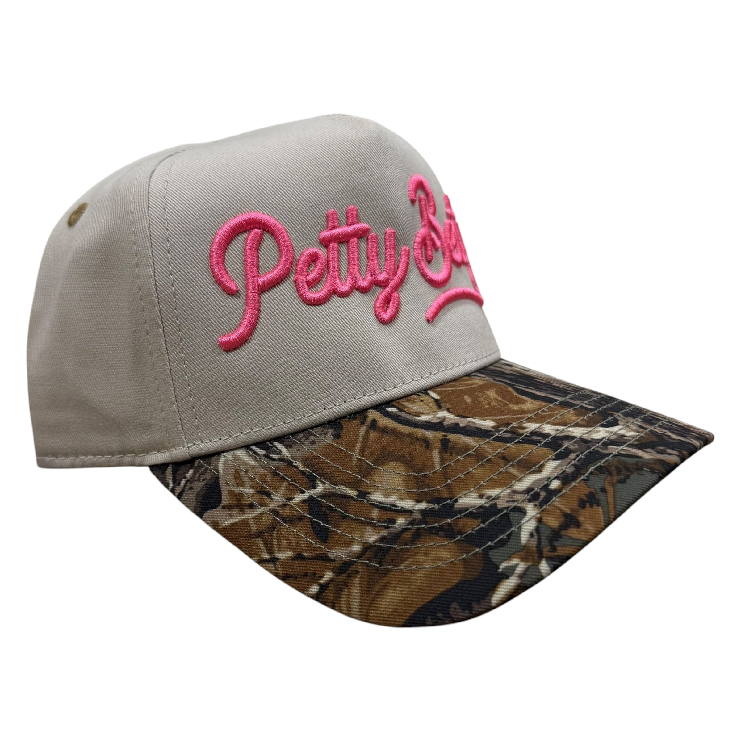 real tree brim trucker hat with "Petty Betty" embroidered in pink
