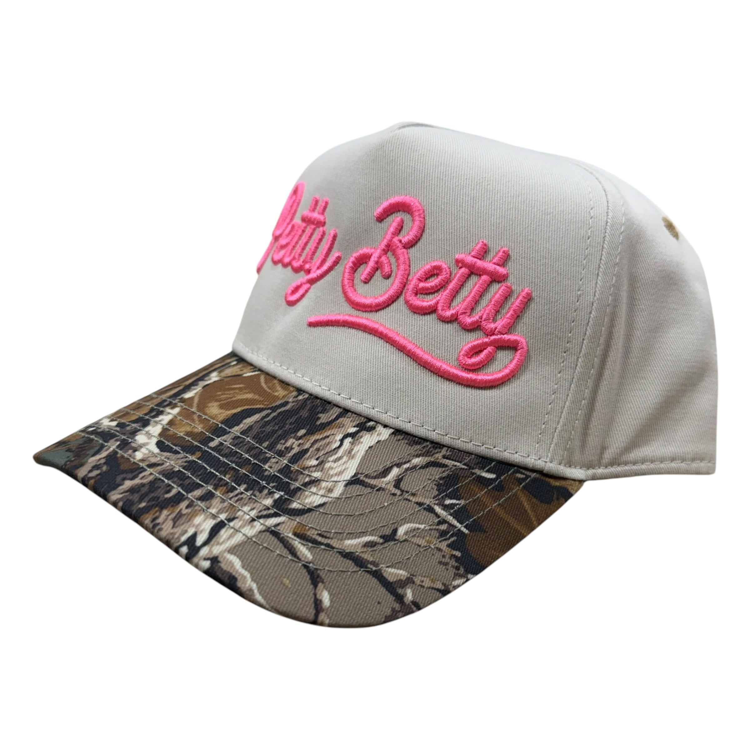 real tree brim trucker hat with "Petty Betty" embroidered in pink