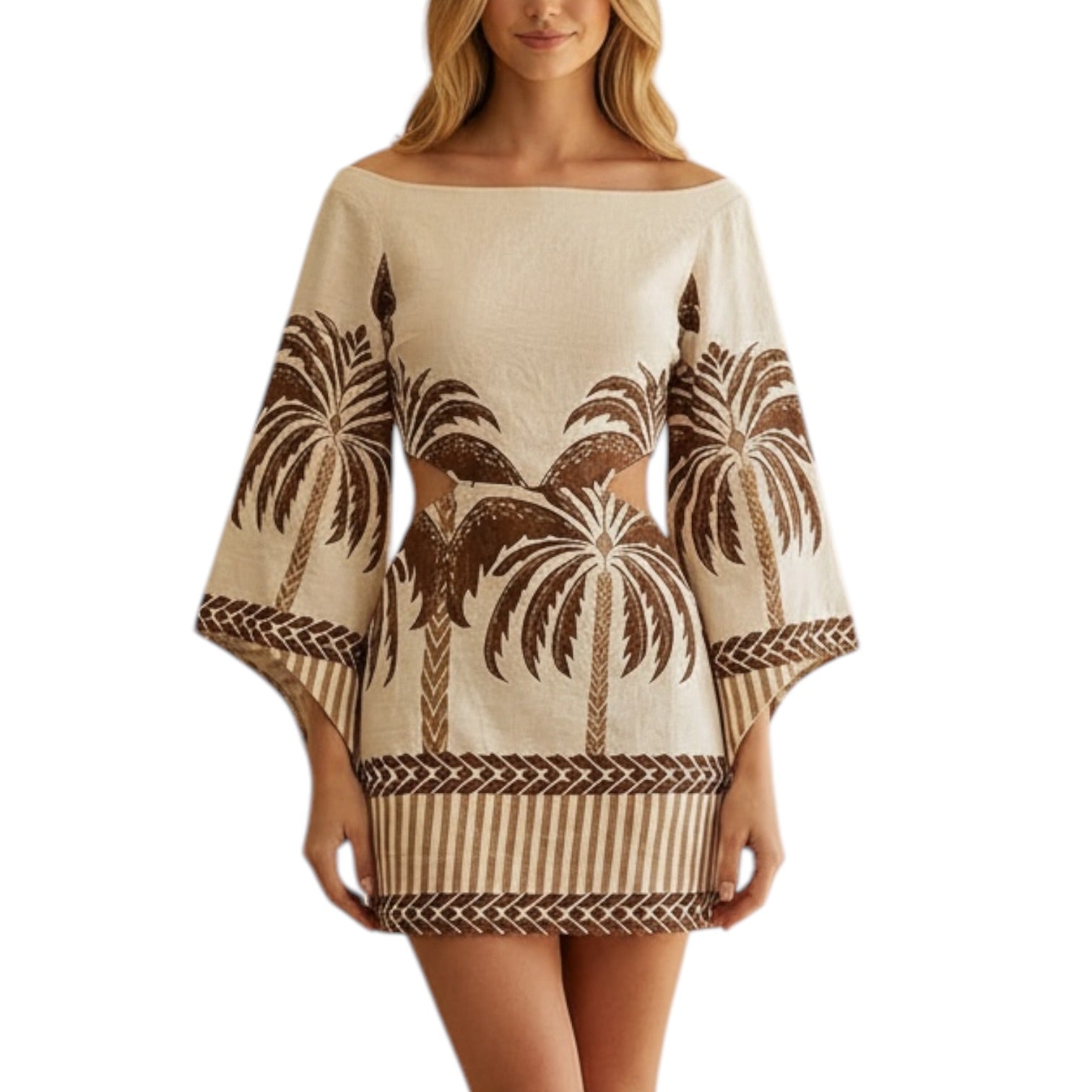 Beige dress with palm tree pattern on a white background