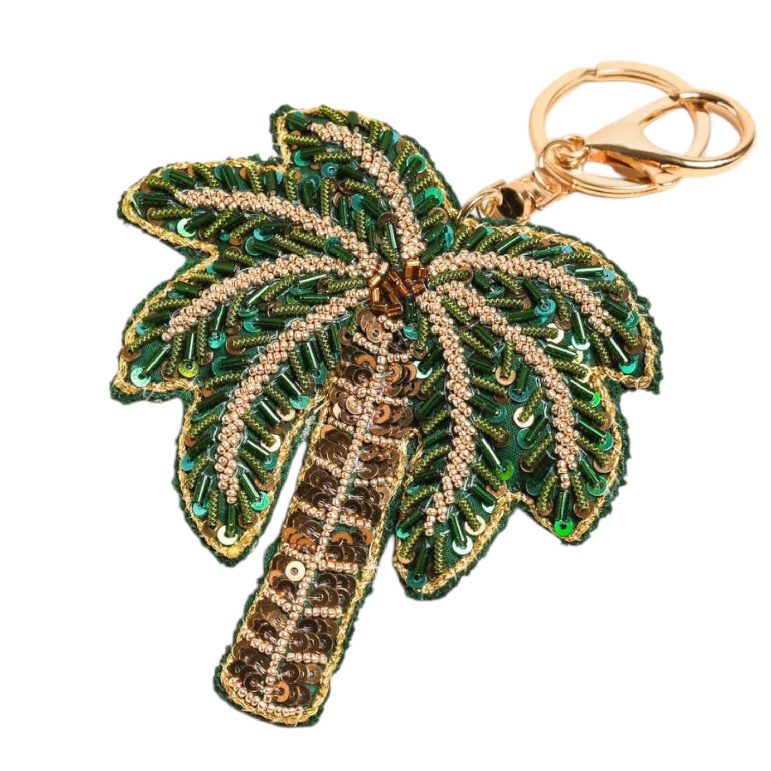Palm leaf keychain with gold accent on a white background