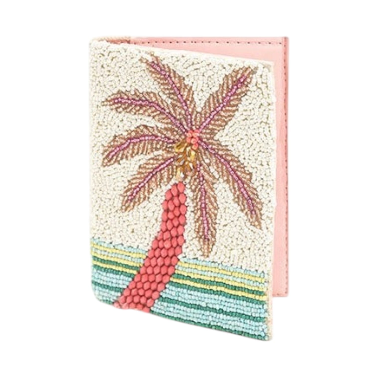 Beaded cardholder with palm tree design on a white background