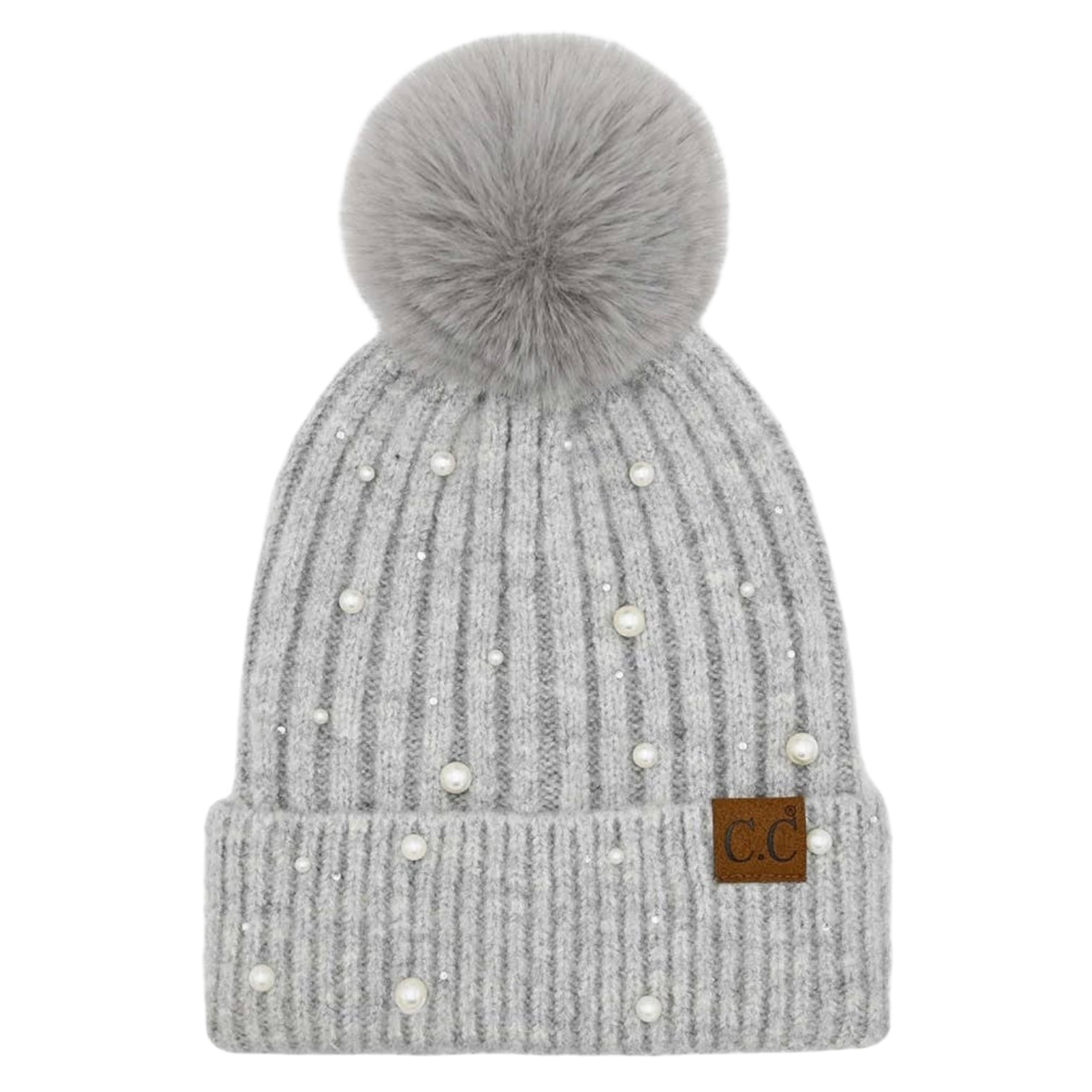 Grey pom beanie with pearl embellishments, cozy winter hat.