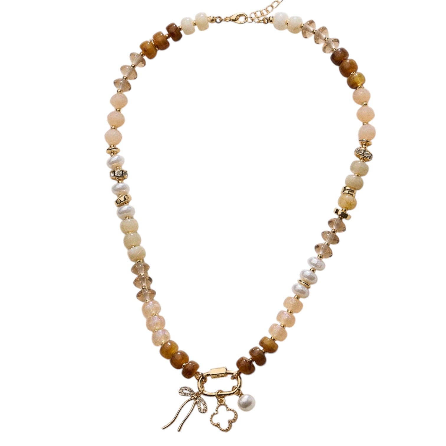 Beaded necklace with a gold clasp and charm on a white background