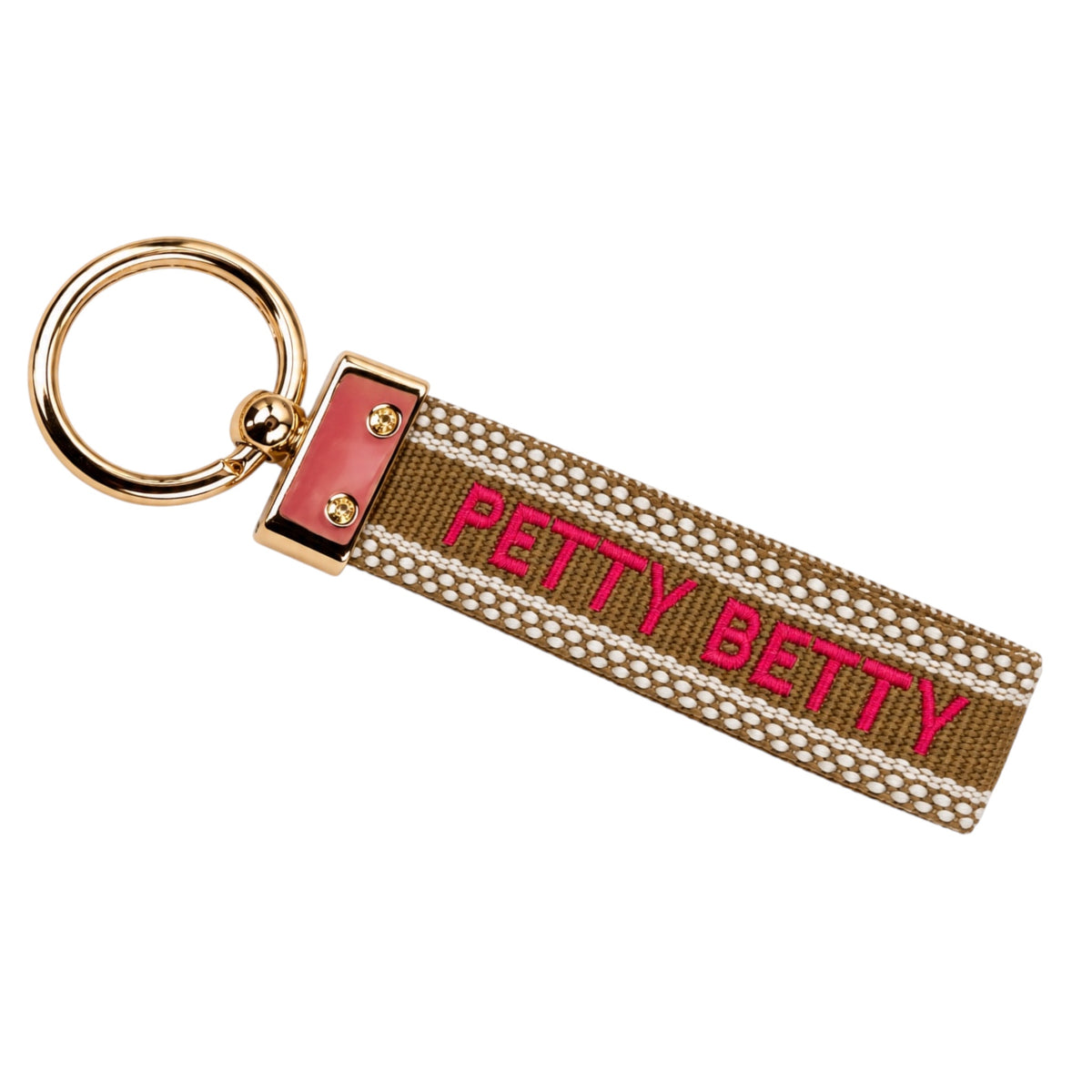 A Petty Betty brand keychain featuring a gold-tone metal split ring and a woven strap. The strap is olive green with a white dotted pattern, a pink leather accent on the left, and the brand name 'PETTY BETTY' embroidered in pink.