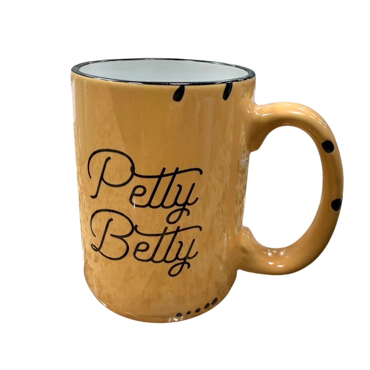 orange mug with 'Petty Betty' text on a white background