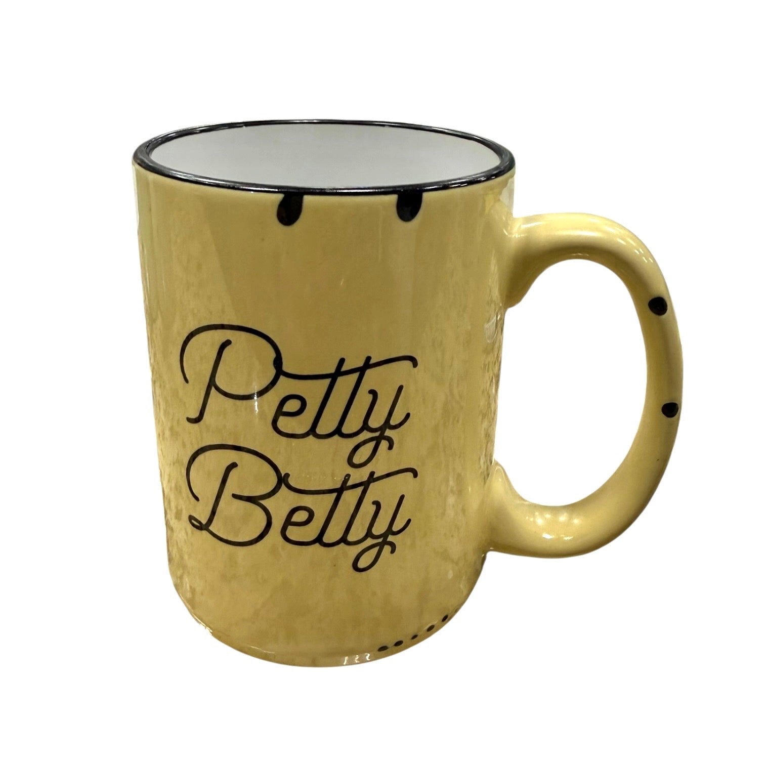 Yellow mug with 'Petty Betty' text on a white background