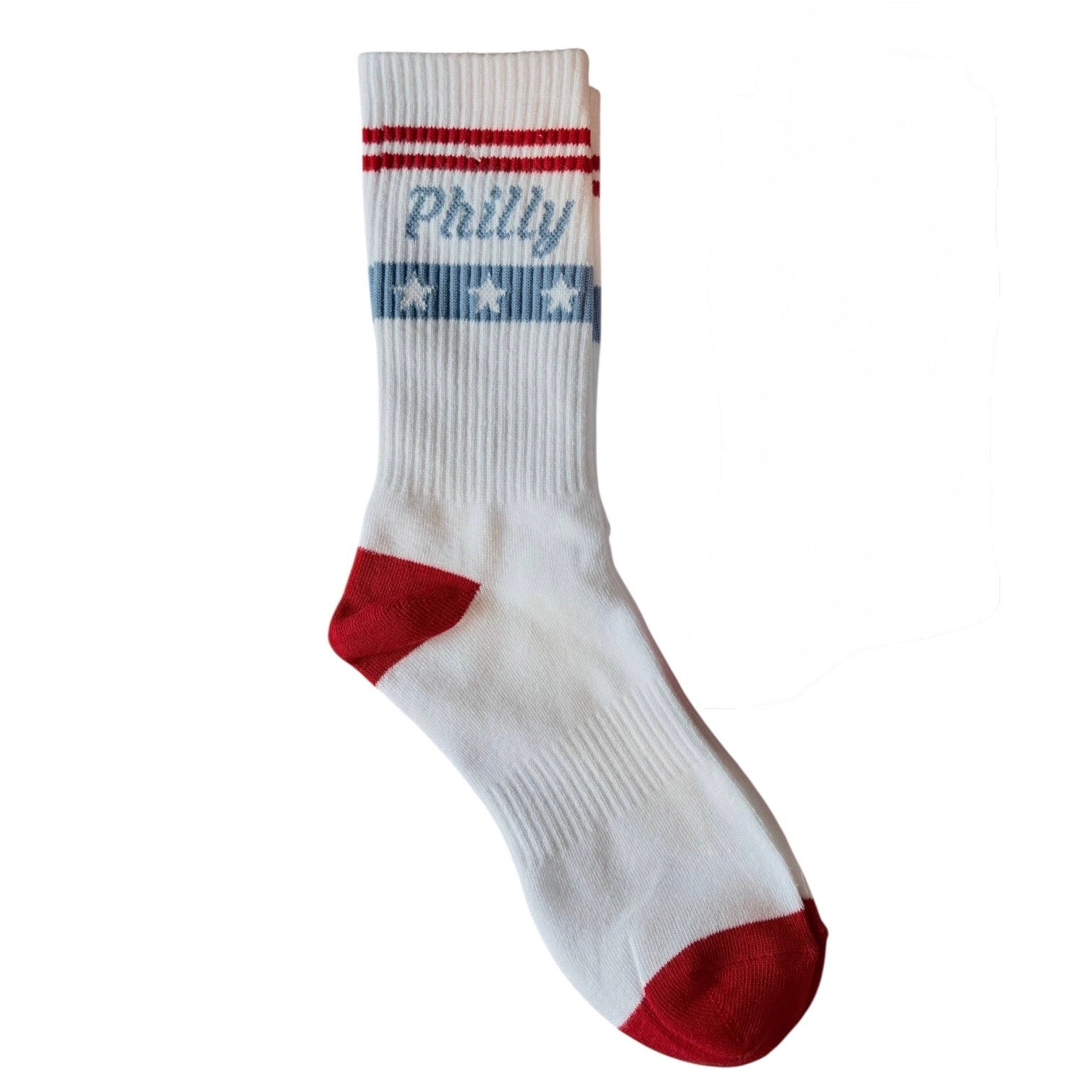 White sock with red and blue accents featuring the word 'Philly'.