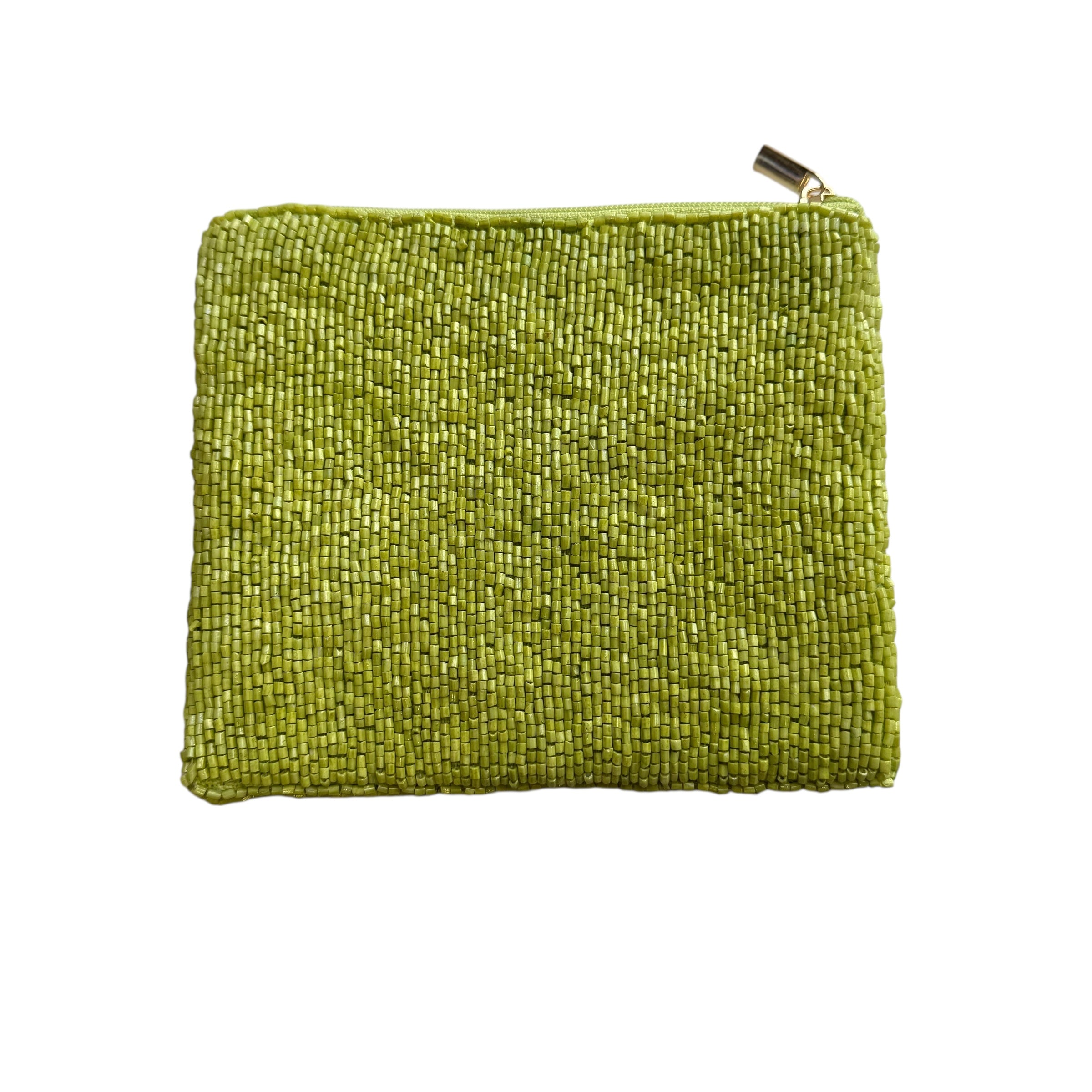 Green beaded pouch with a zipper on a white background
