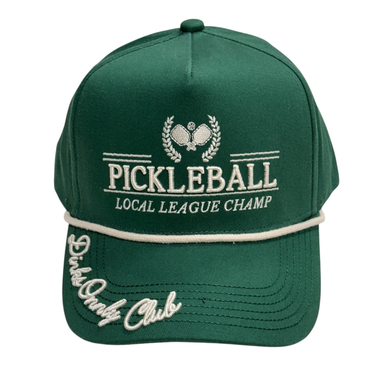 Green pickleball cap with 'Pickleball Local League Champ' text on a white background