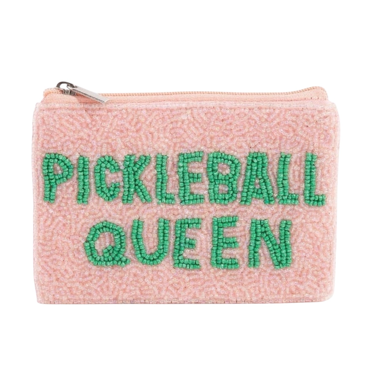 Pink pouch with 'Pickleball Queen' text in green beads on a white background