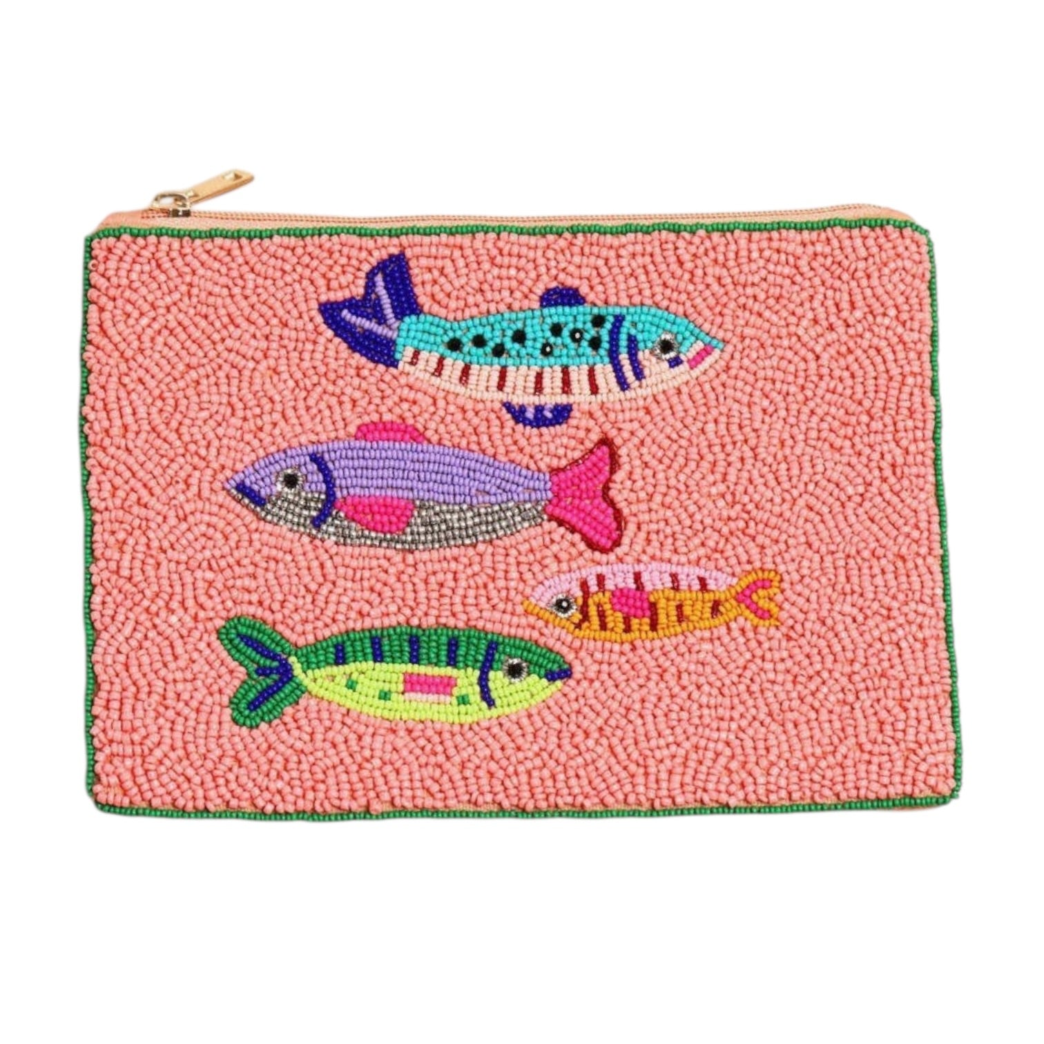 Pink pouch with embroidered fish designs on a white background