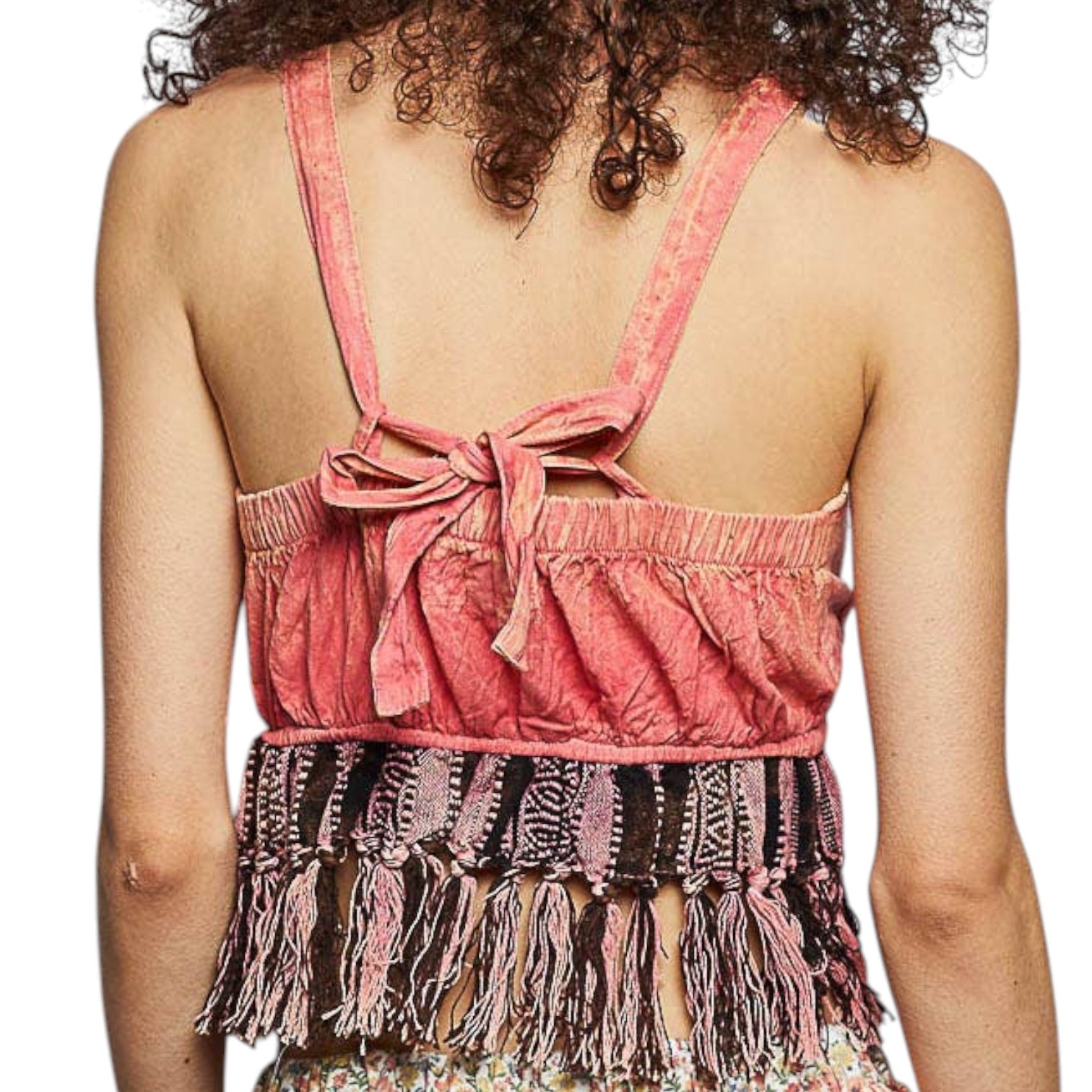 Pink top with fringes and a tie detail on a white background