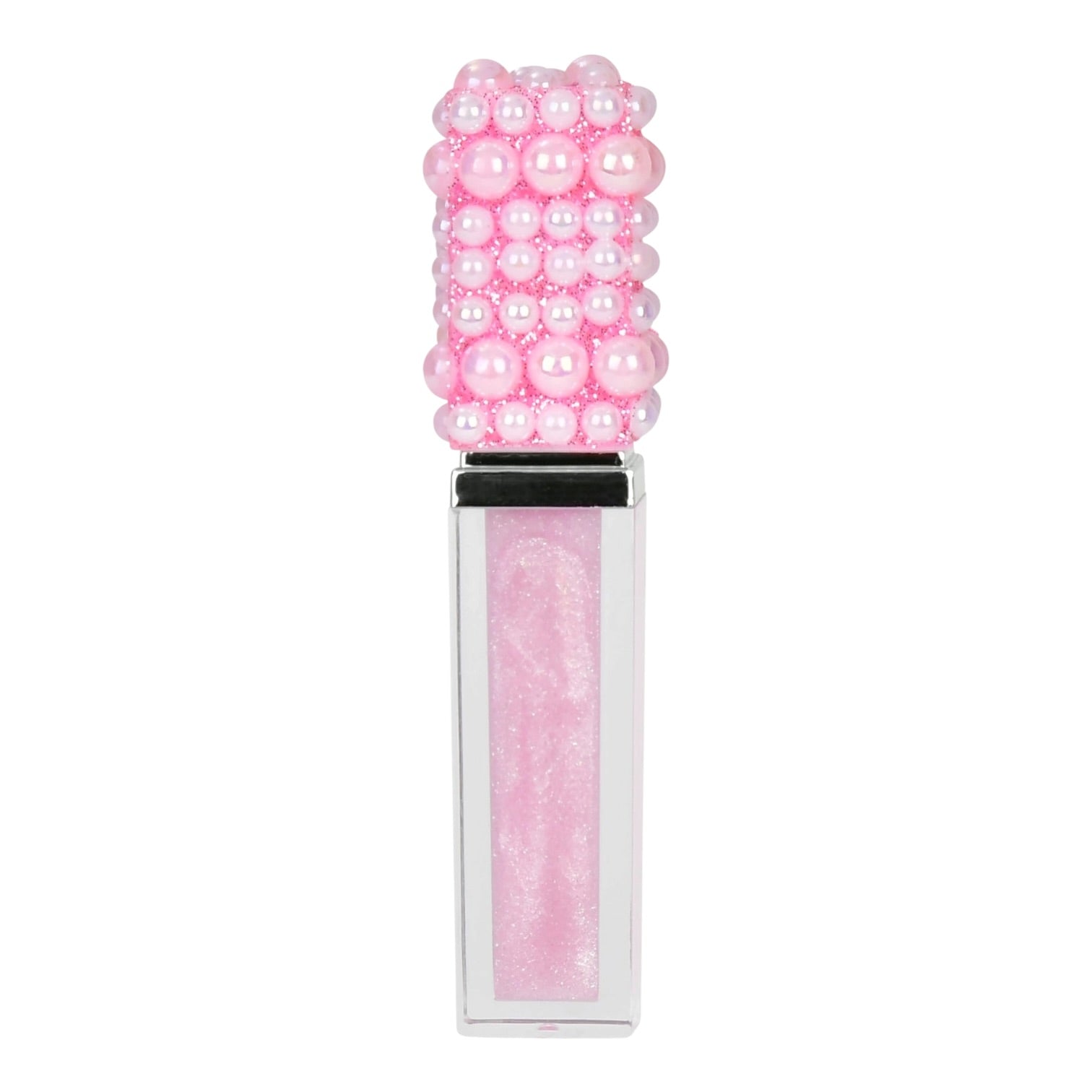 A lip gloss tube with a decorative cap made of pink pearls and beads, containing a sparkly light pink gloss, shown on a plain white background.
