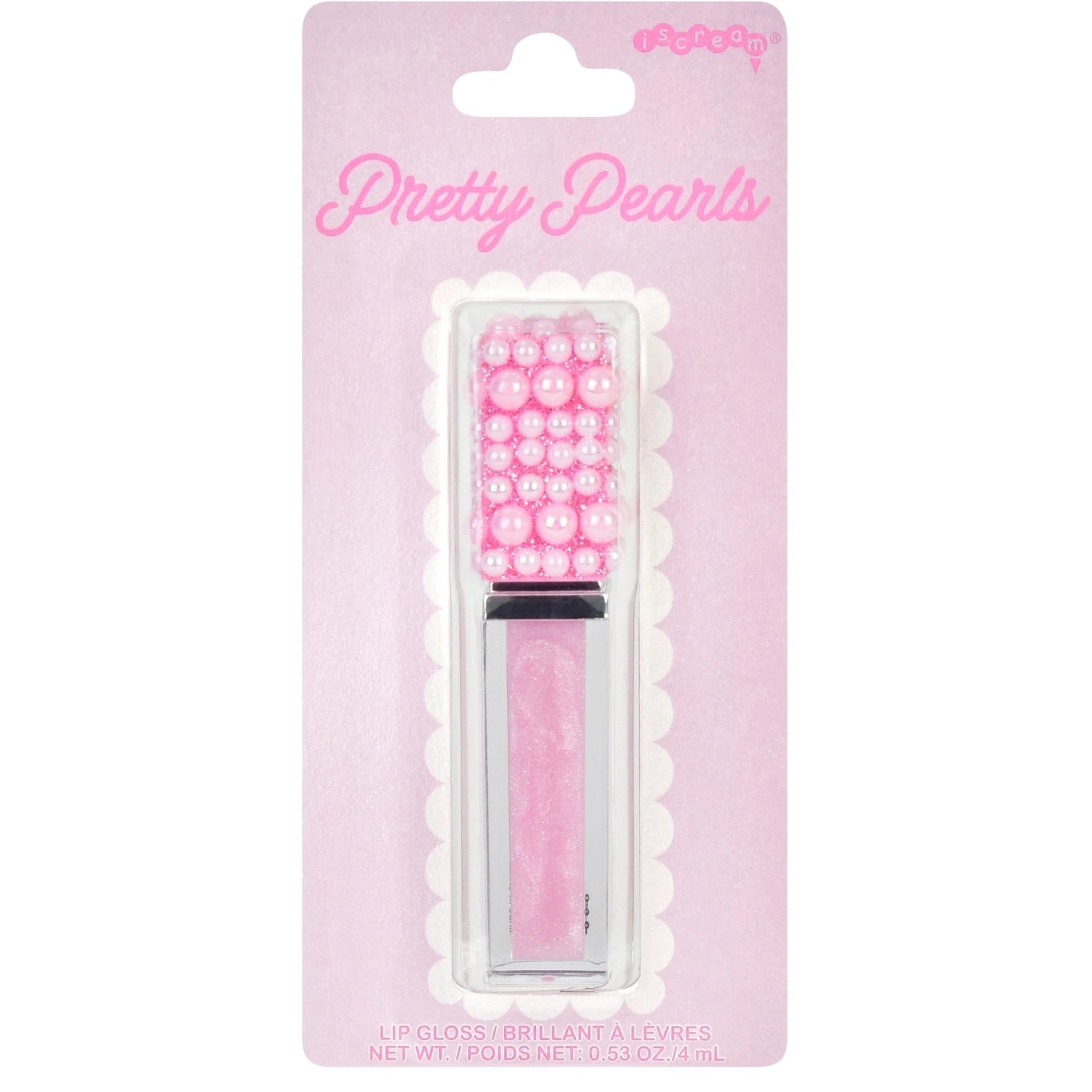 A pink lip gloss tube decorated with 3D pink pearls, packaged in a pink card with 'Pretty Pearls' branding.