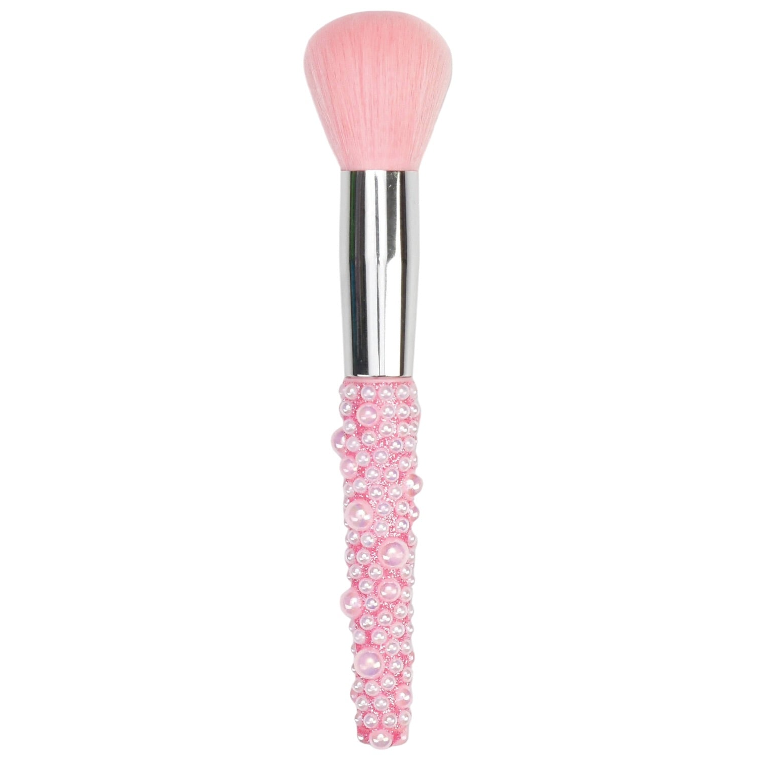 A makeup brush with light pink bristles, a shiny silver metal ferrule, and a decorative handle covered in pink faux pearls, shown against a plain white background.