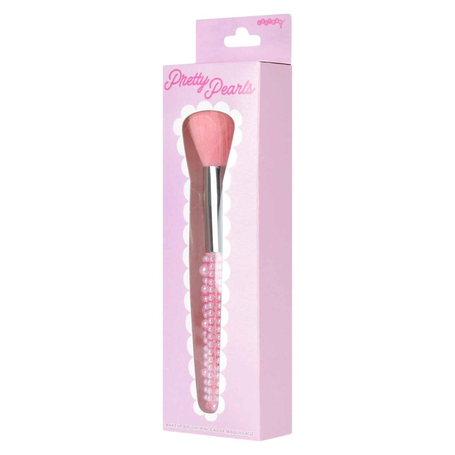 A pink makeup brush in its original retail packaging. The brush features a pink bristle head, a silver metallic handle, and a handle decorated with pink faux pearls.