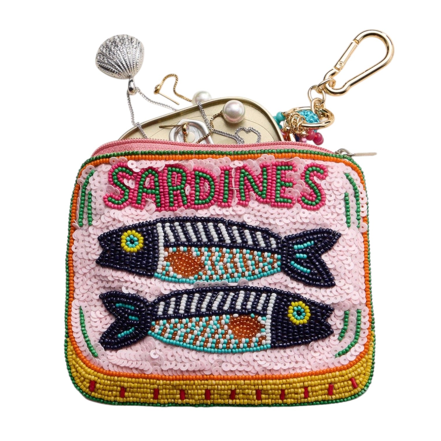 Beaded pouch with 'Sardines' text and fish design on a white background