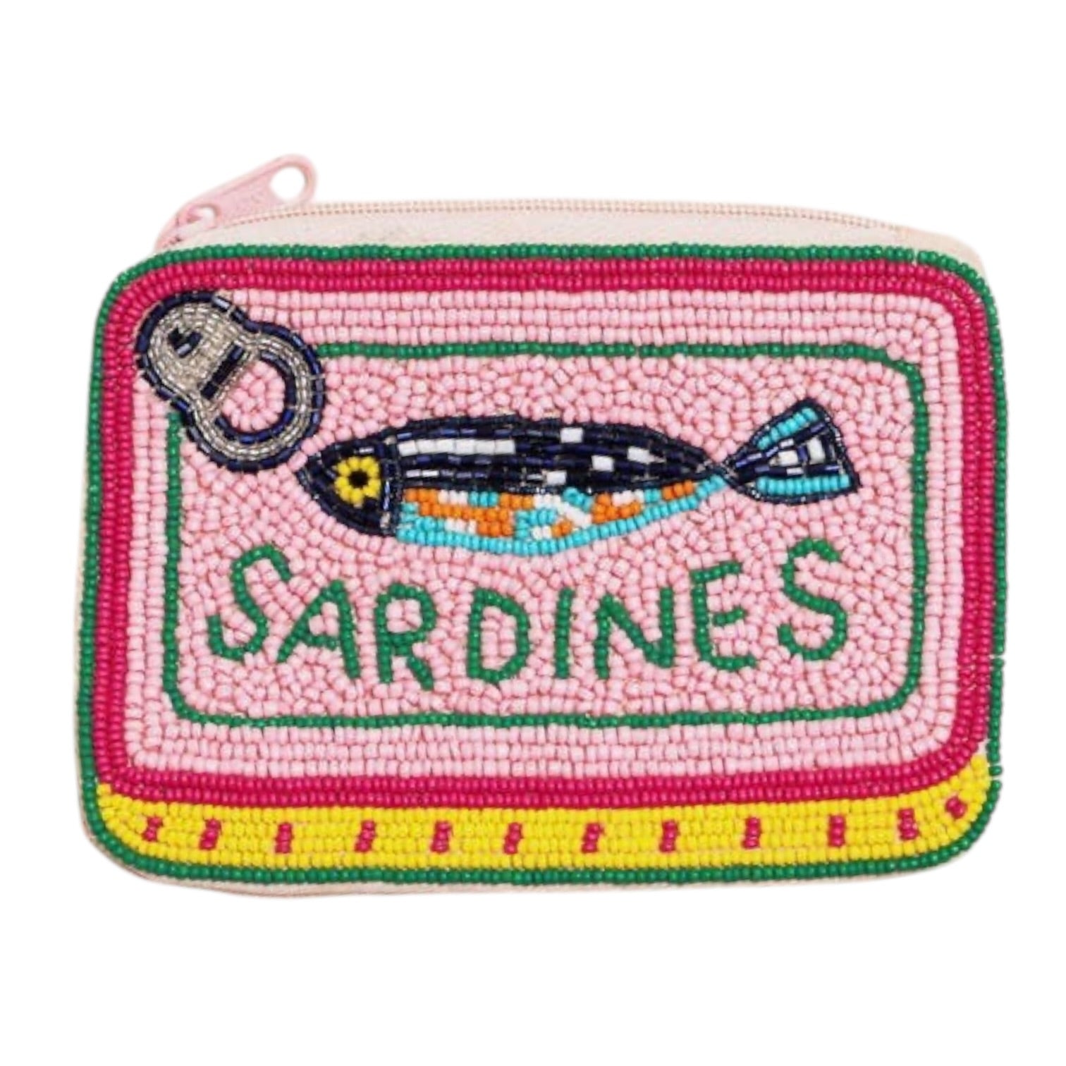 Pouch with 'Sardines' design on a pink background