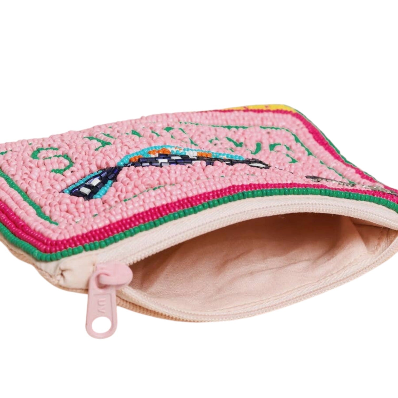 Pink embroidered pouch with a zipper on a white background