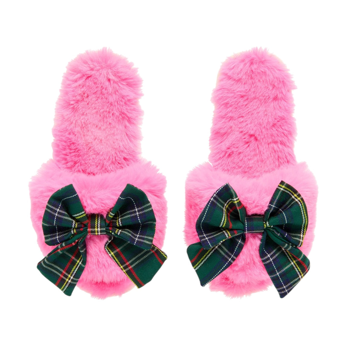 A pair of fluffy pink slip-on slippers with large green tartan plaid bows on the front, shown against a plain white background.