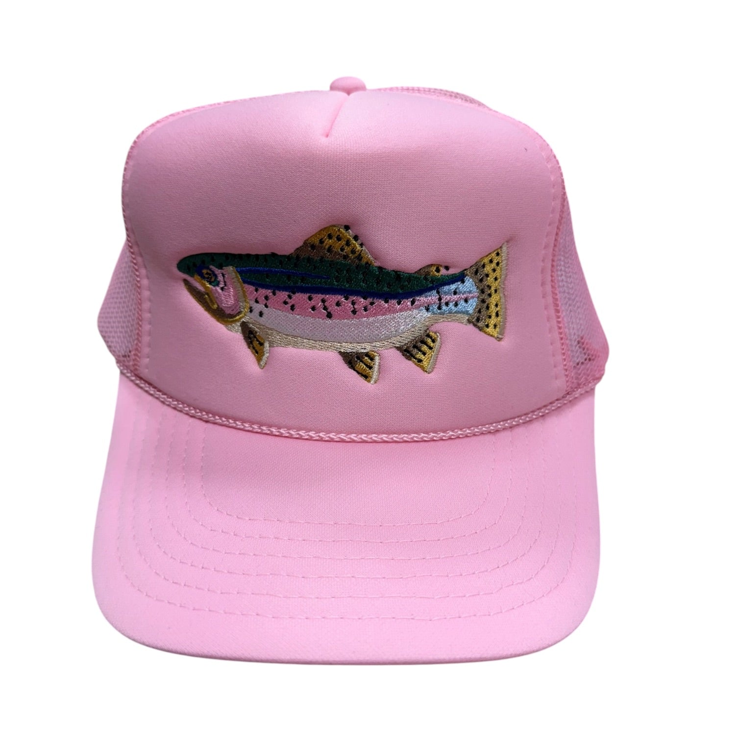 Pink cap with a fish design on a white background