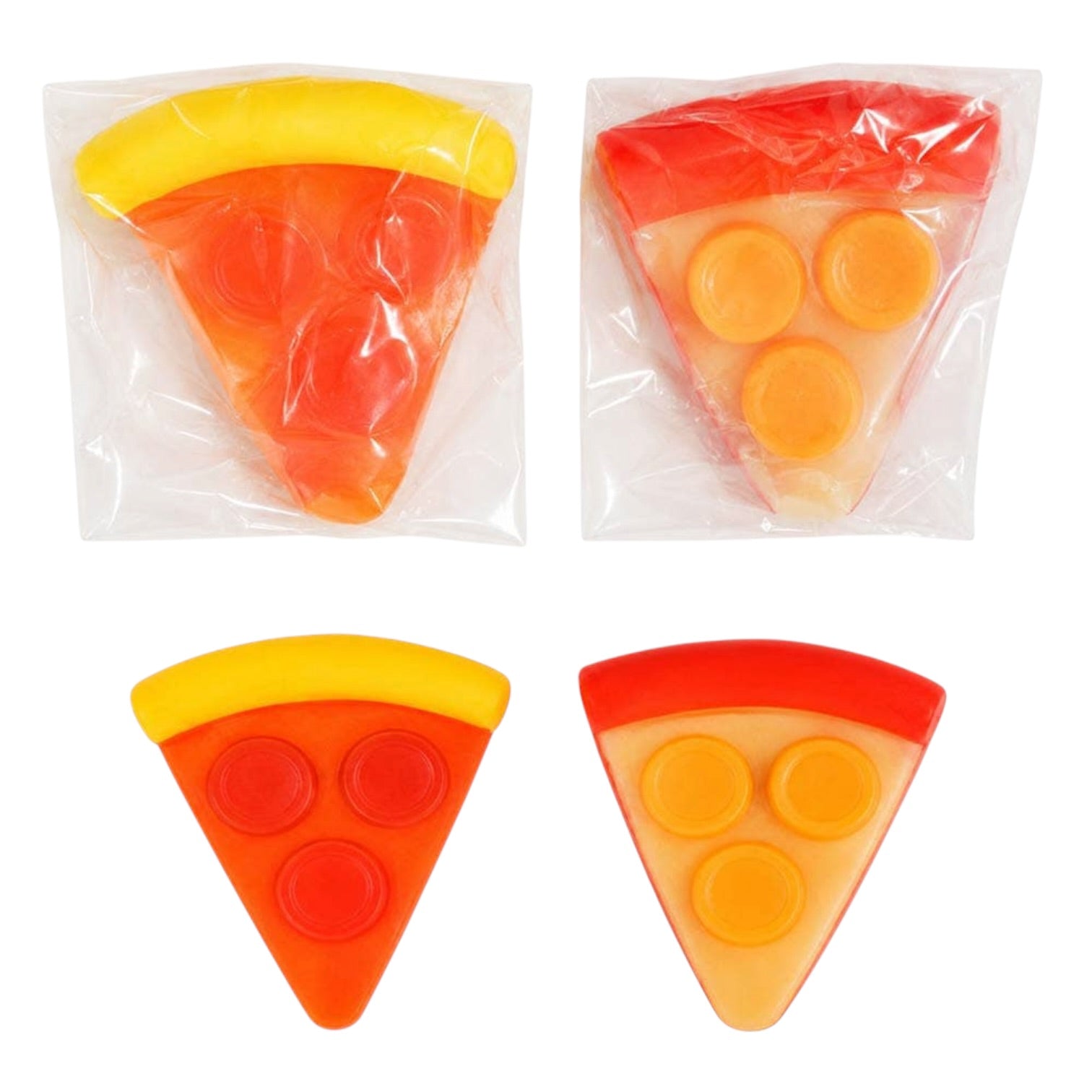 Two packages of pizza-shaped toys with a clear window, two toys displayed below.