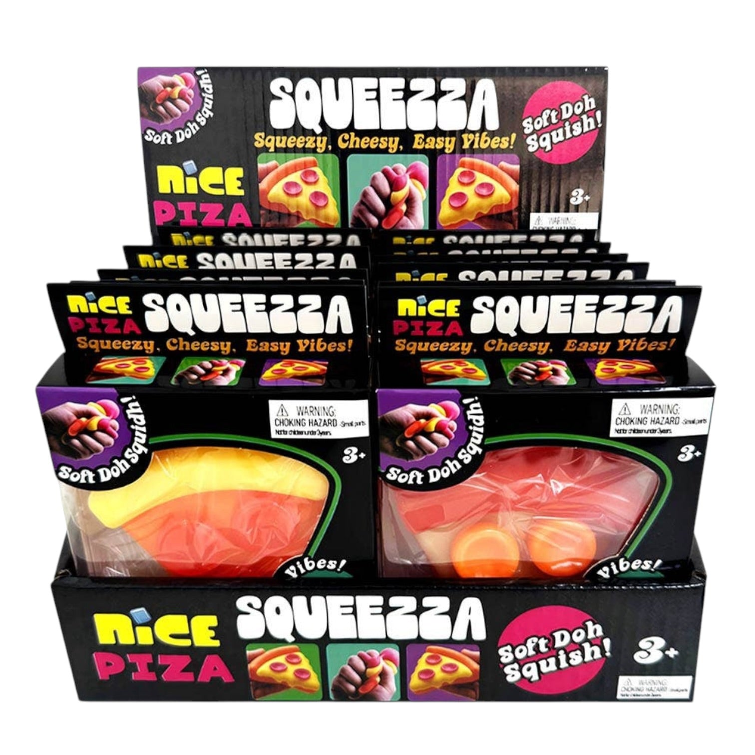 Display of SQUEEZZA pizza-themed soft toys in packaging on a white background