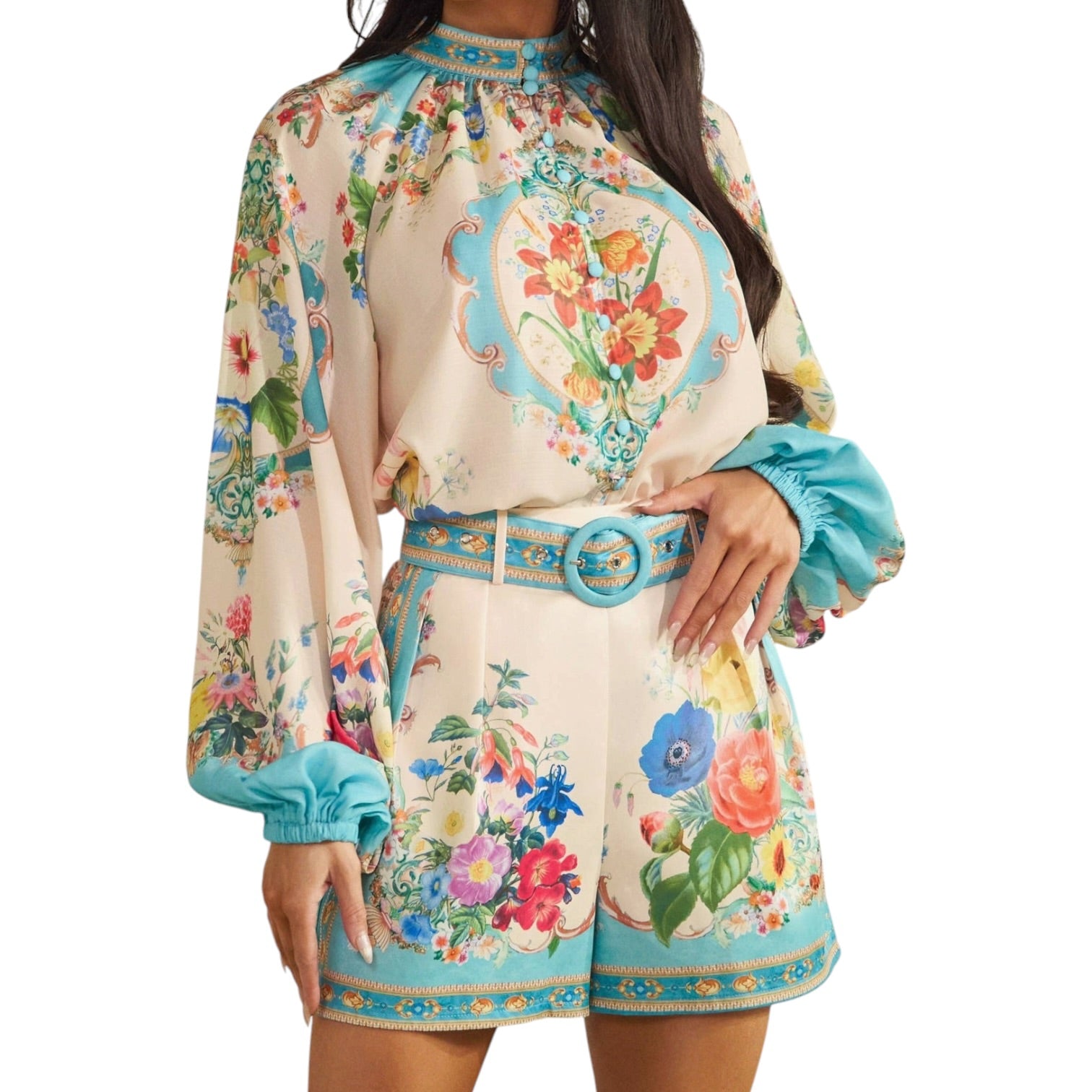 woman wearing a patterned short set on white background