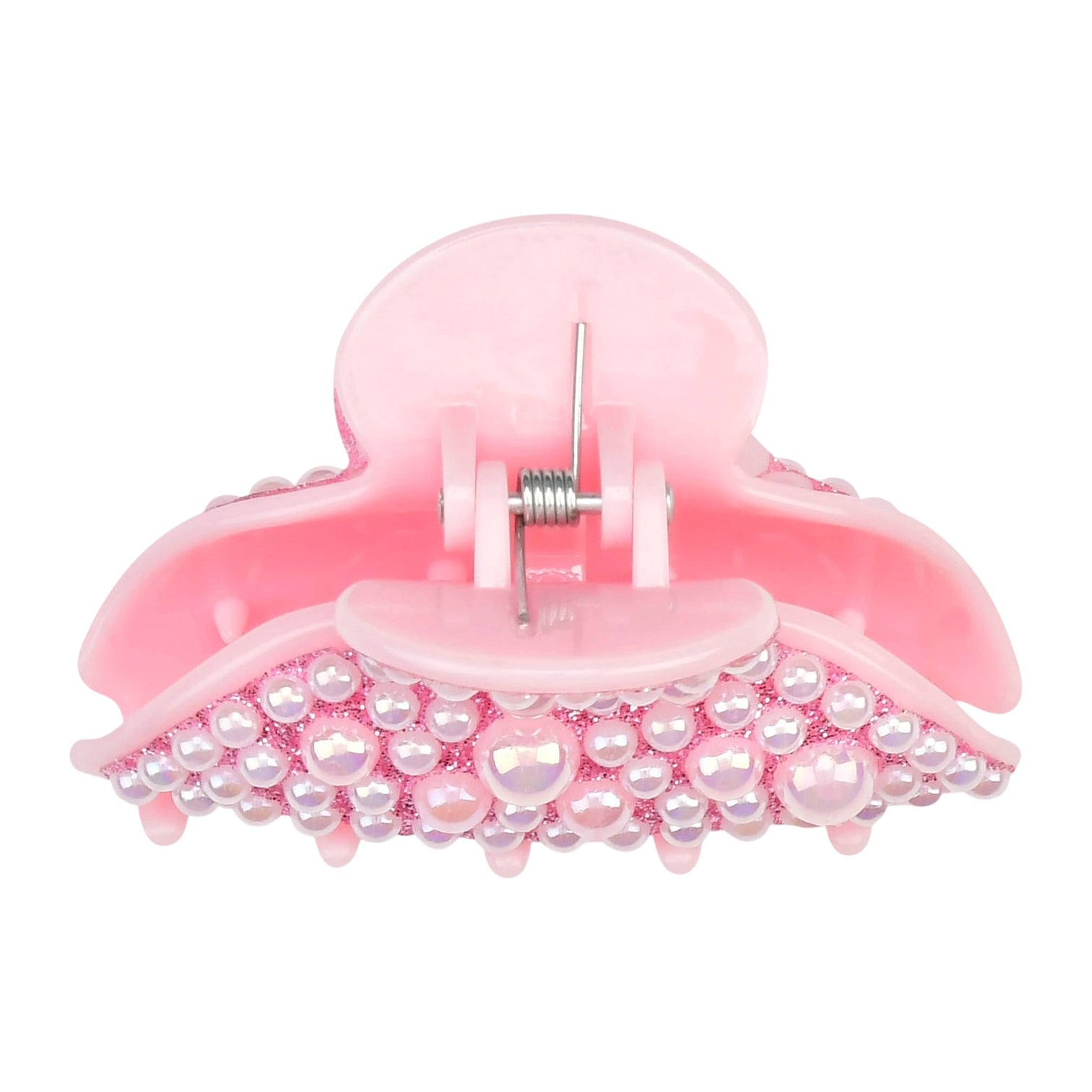 A light pink hair claw clip adorned with iridescent pearl-like beads along the lower curve, shown against a plain white background.