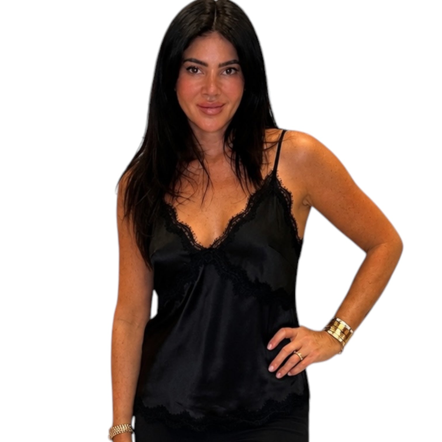 Black satin camisole with lace trim on a white background