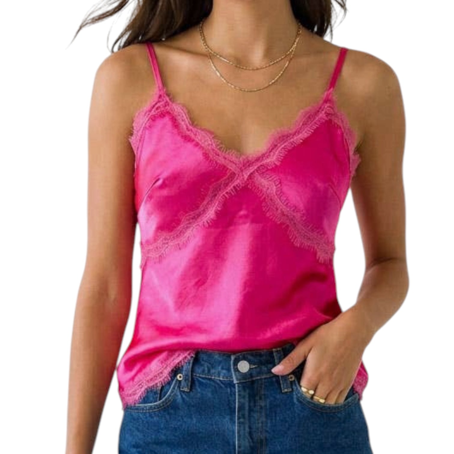 Pink satin camisole with lace trim worn by a person on a white background