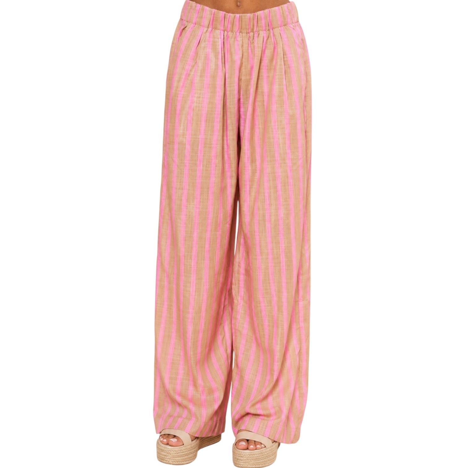 Pink and beige striped pants on a white background