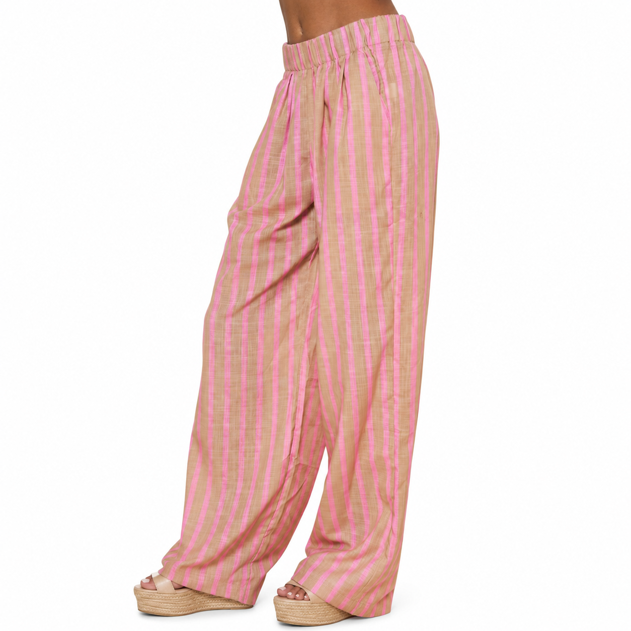 Pink and taupe striped pants on a white background