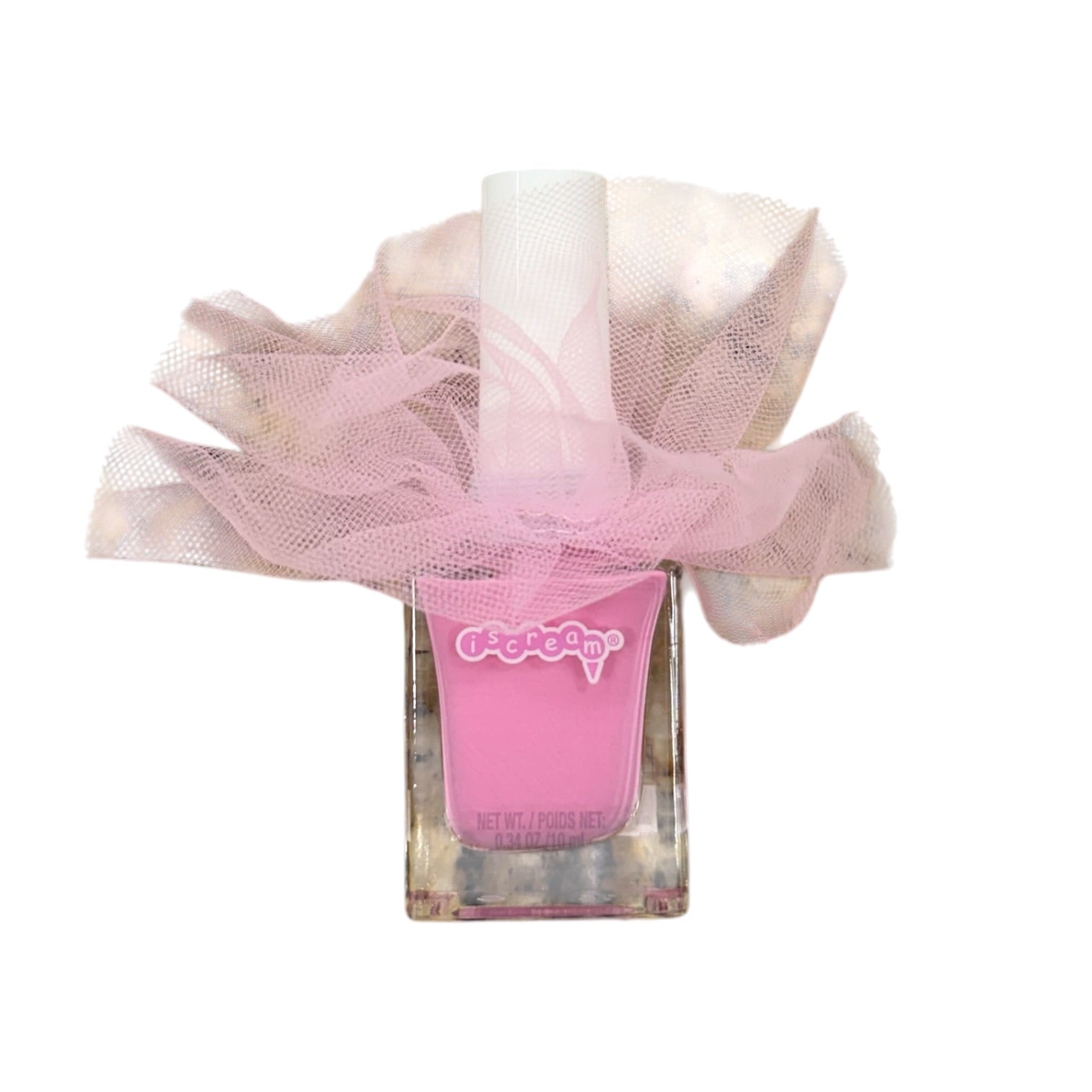 A bottle of pink nail polish with a white cap, wrapped in a sheer pink tulle bow. The brand name 'bebearte' is visible on the front of the bottle.