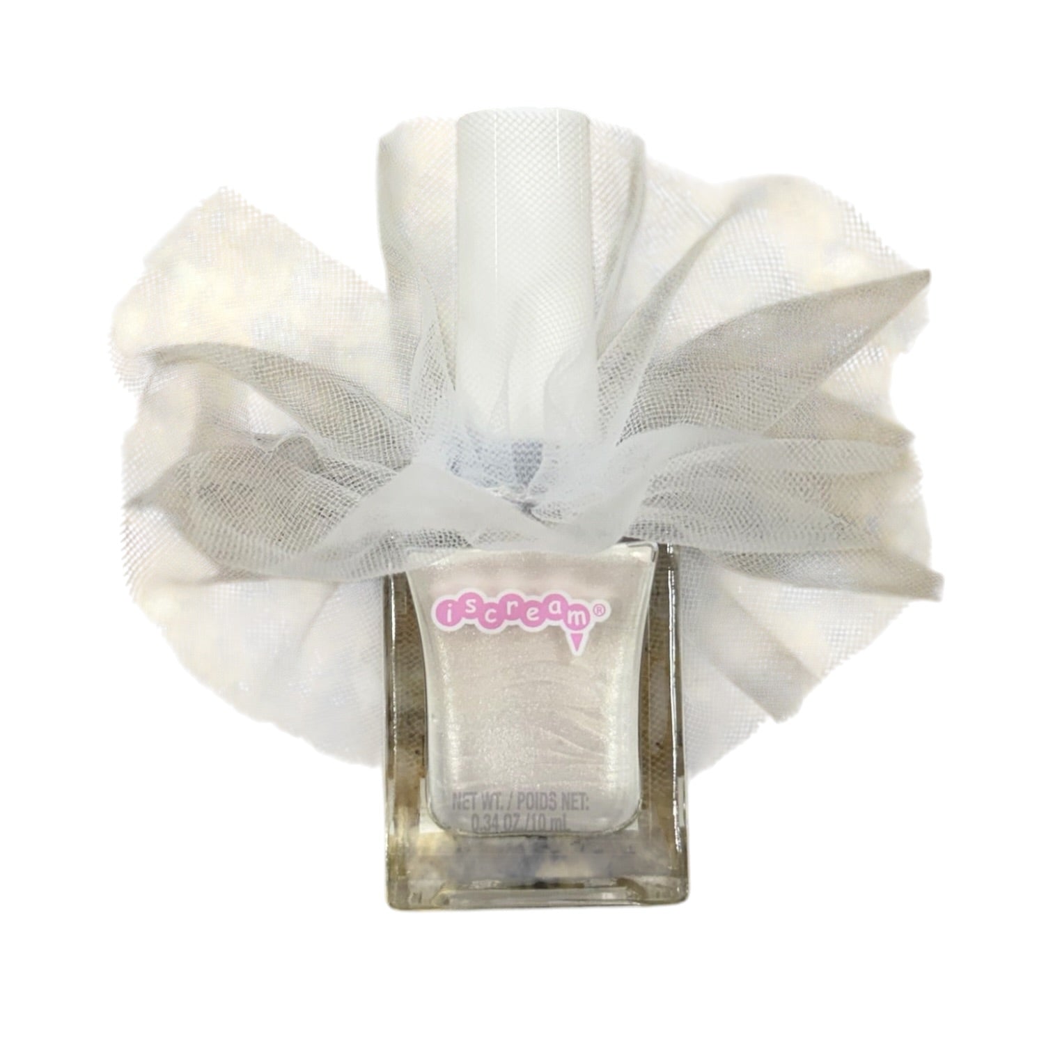 A bottle of nail polish with a large white tulle bow around the neck, shown on a plain white background. The nail polish inside the clear glass bottle appears shimmering silver.