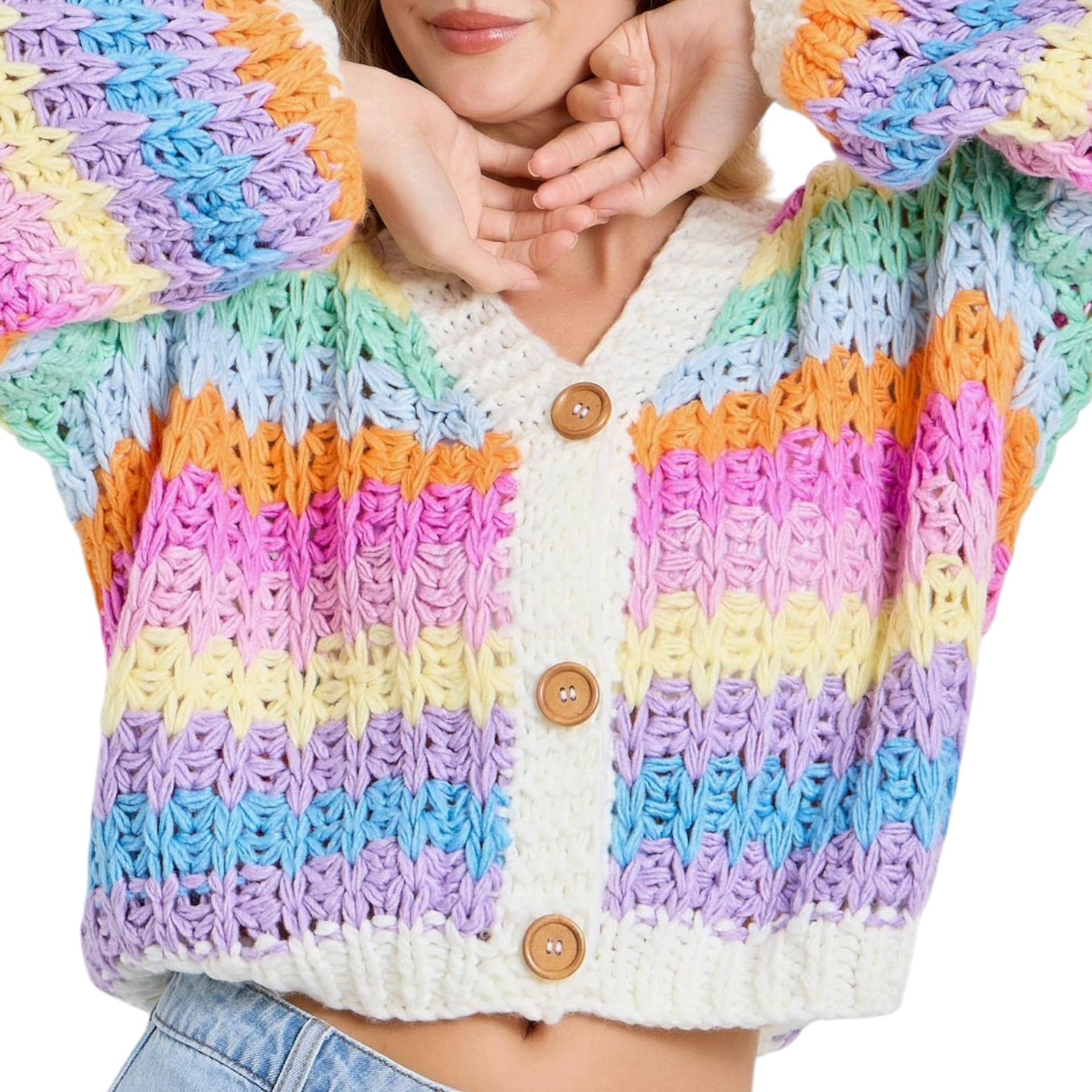 Multicolored crochet cardigan worn by a person on a white background