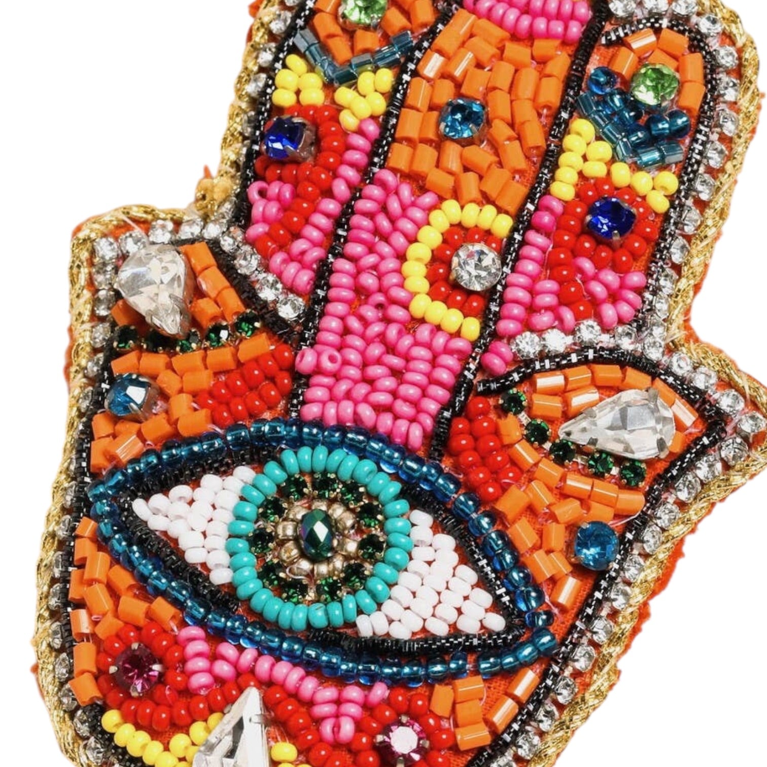 Colorful beaded and jeweled Hamsa hand with intricate patterns on a white background