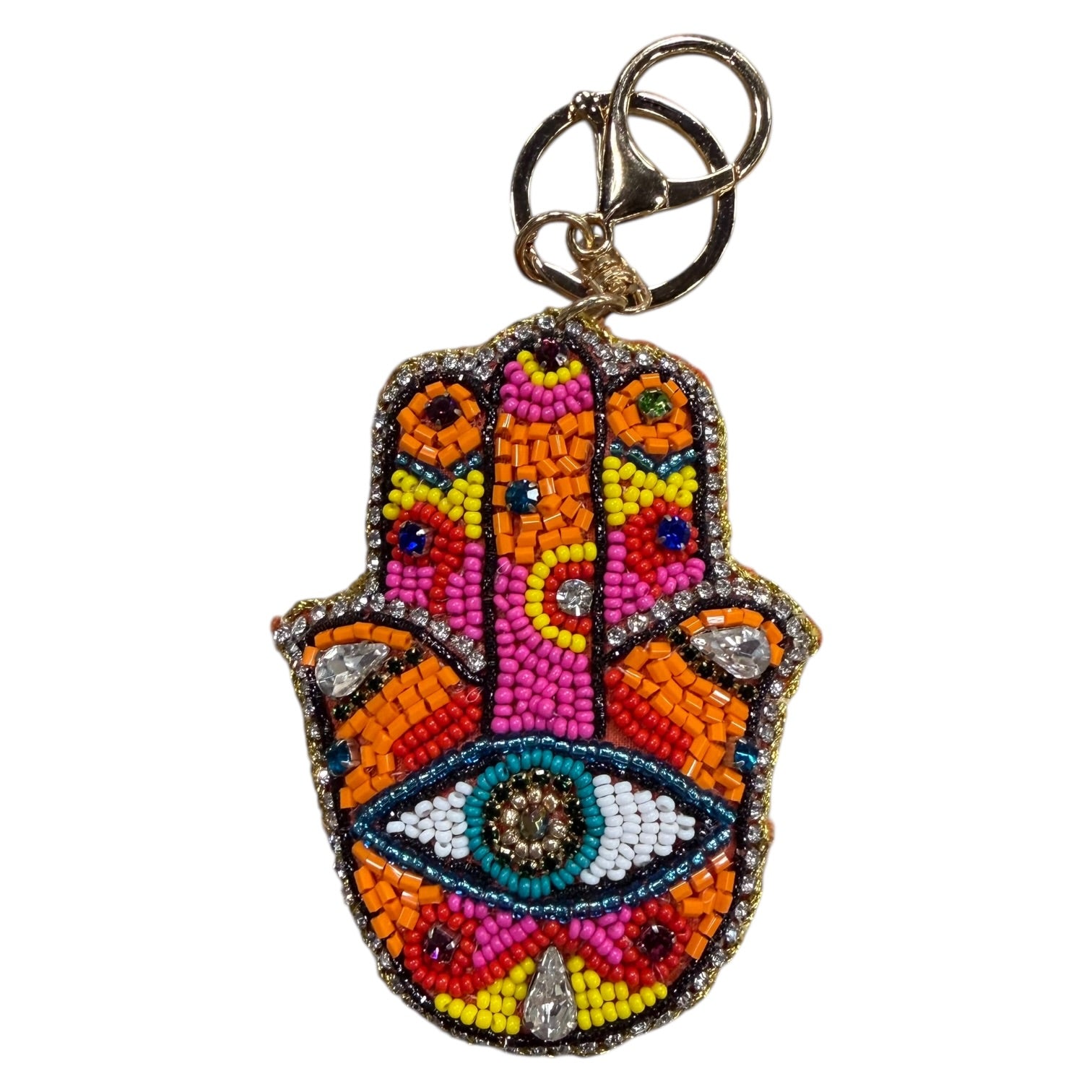 Colorful beaded keychain with eye design on a white background