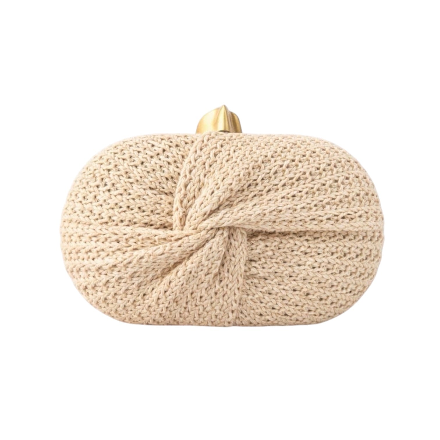 khaki twisted straw clutch bag on white background