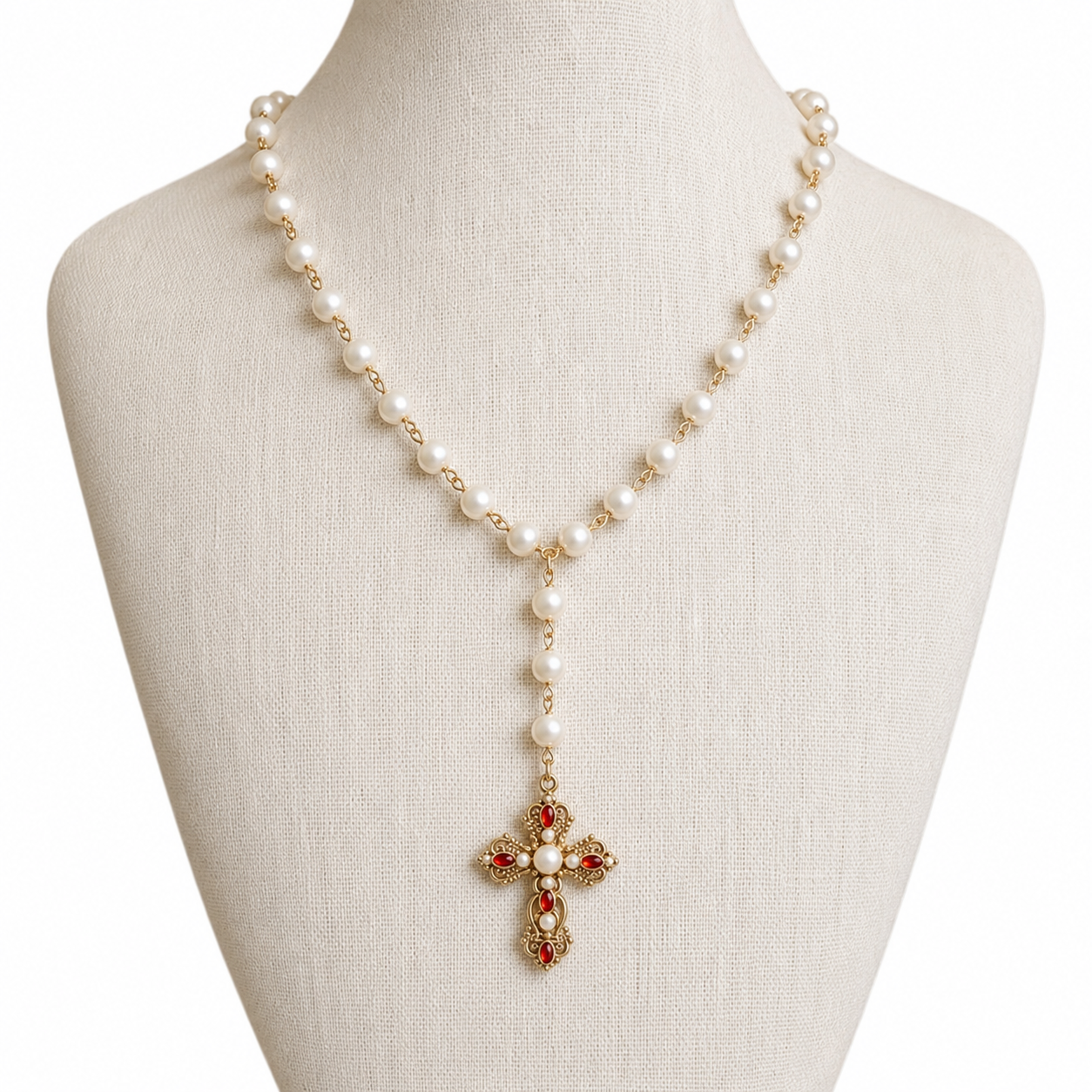 A pearl and gold necklace displayed on a cream fabric mannequin bust, featuring a long strand of white pearls with gold links and a central gold cross pendant embellished with red stones and white pearls.
