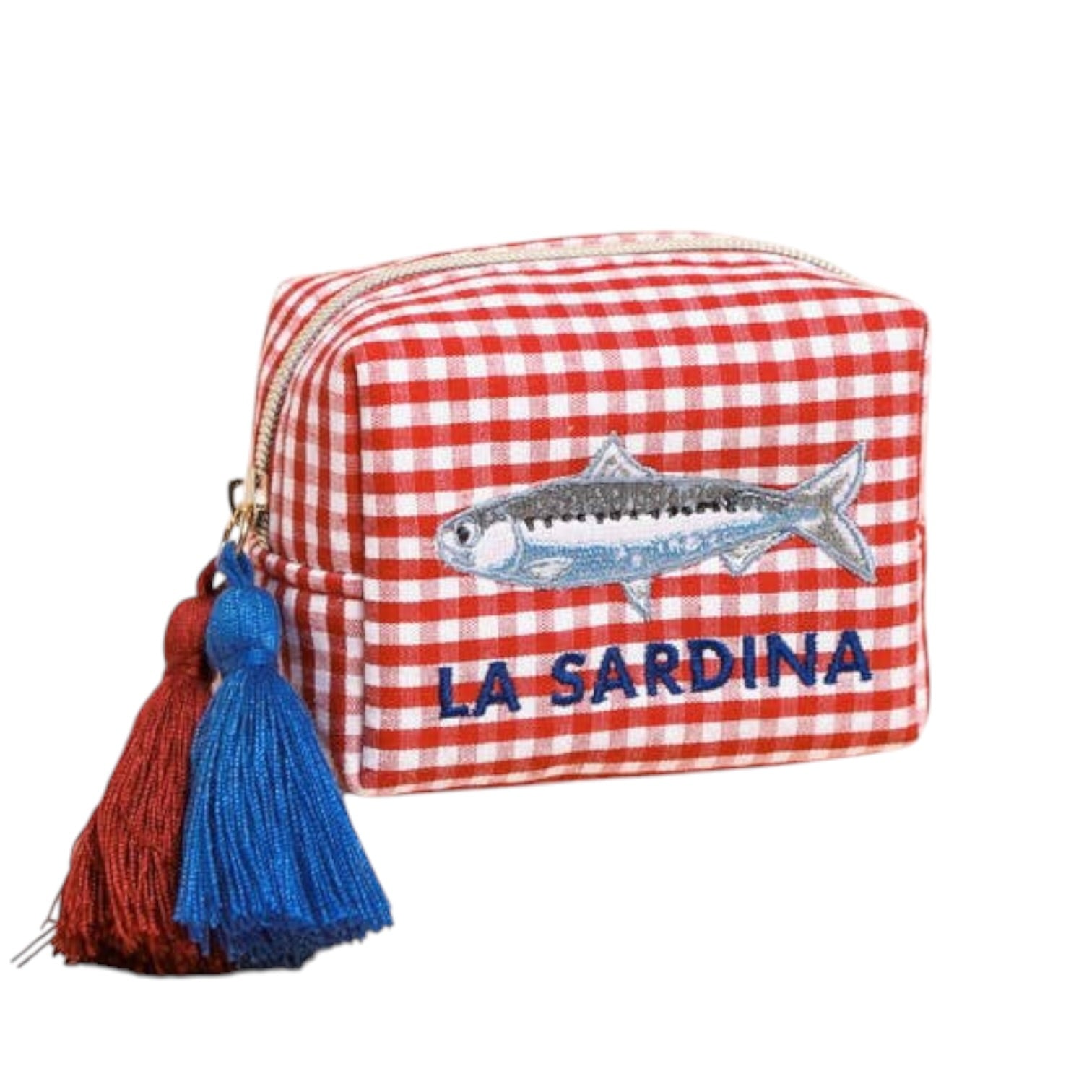 Red and white checkered pouch with fish design and 'La Sardina' text on a white background