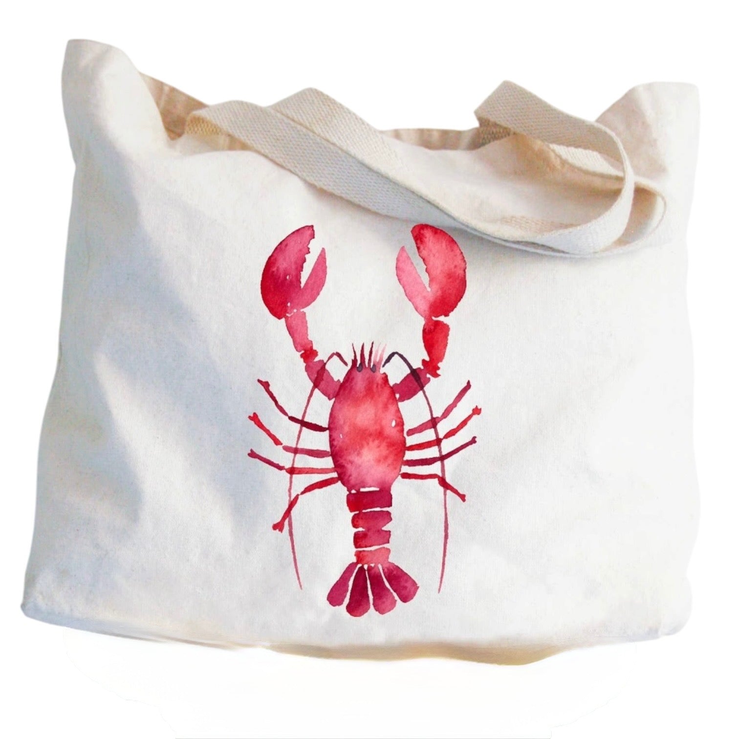 White tote bag with a red lobster design on a white background