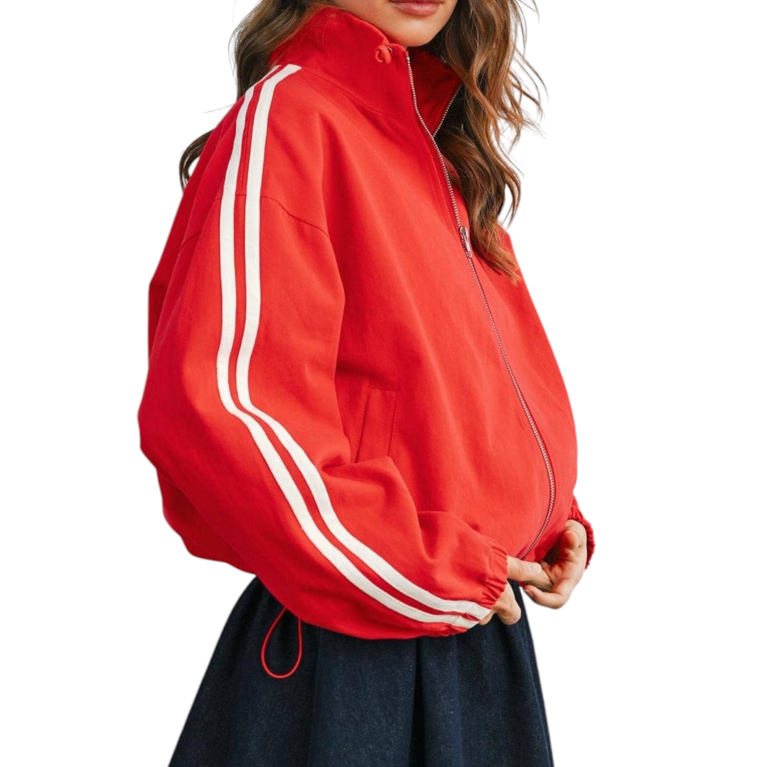 Red jacket with white stripes on a white background
