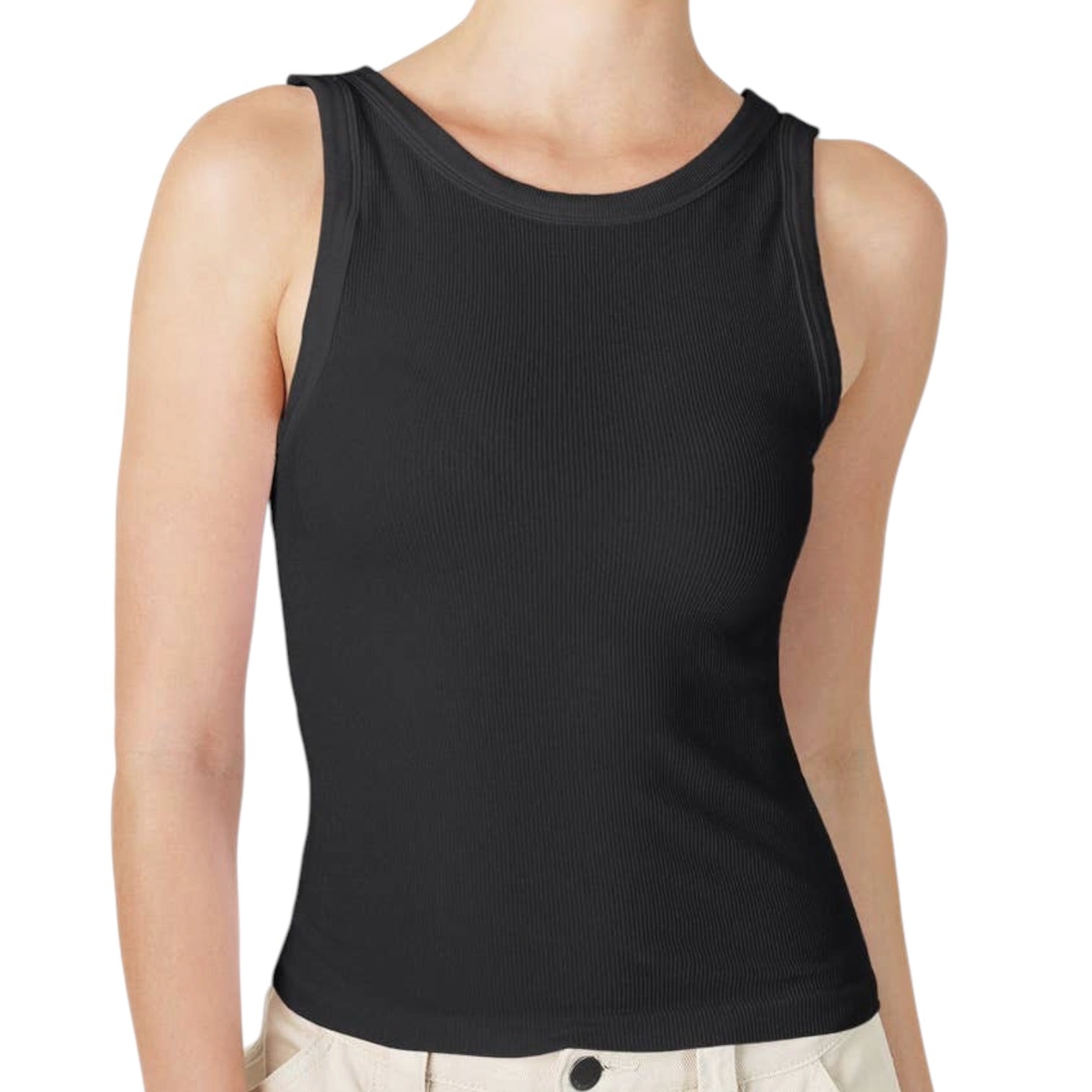 Black tank top worn by a person on a white background