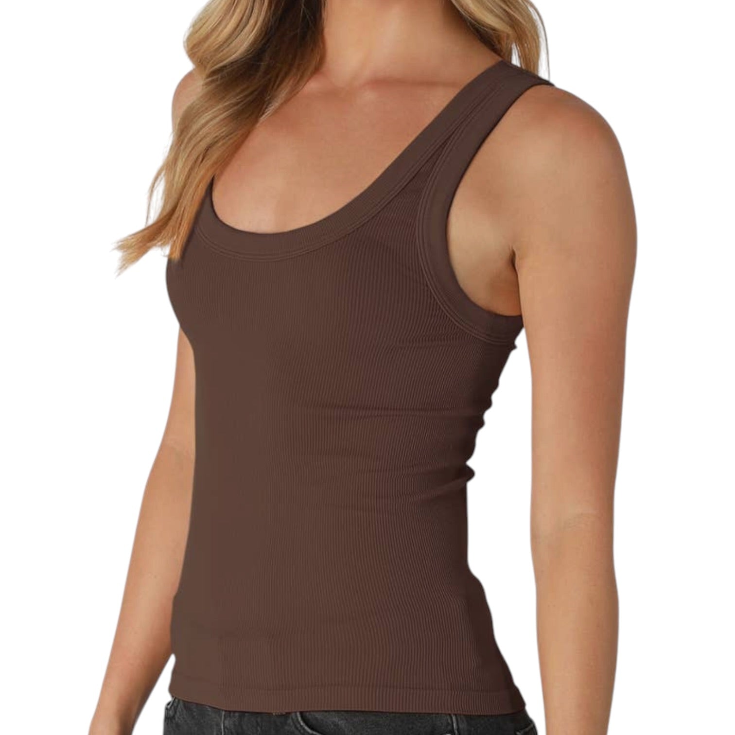 Brown tank top worn by a person on a white background
