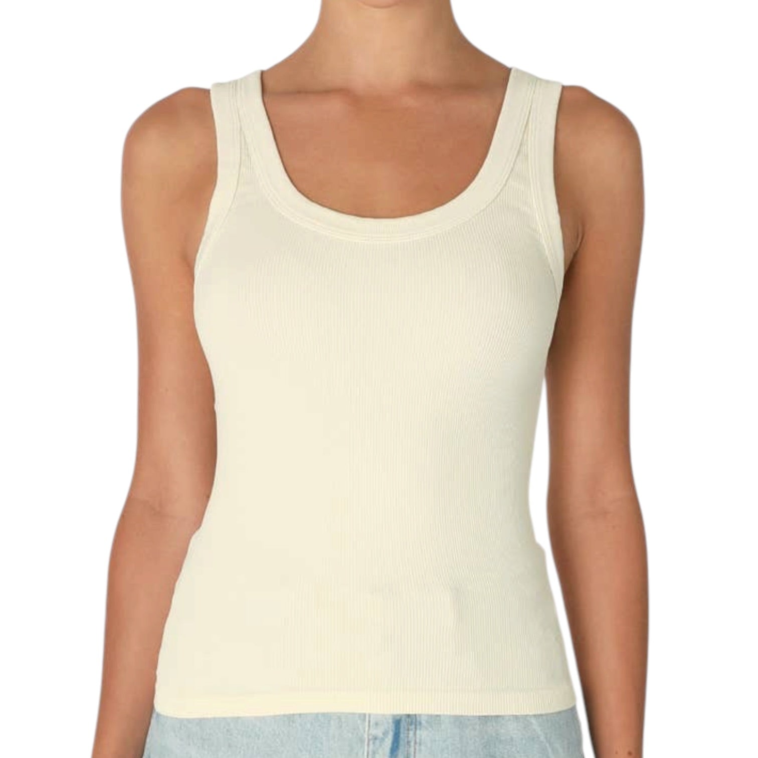 Beige tank top worn by a person on a white background