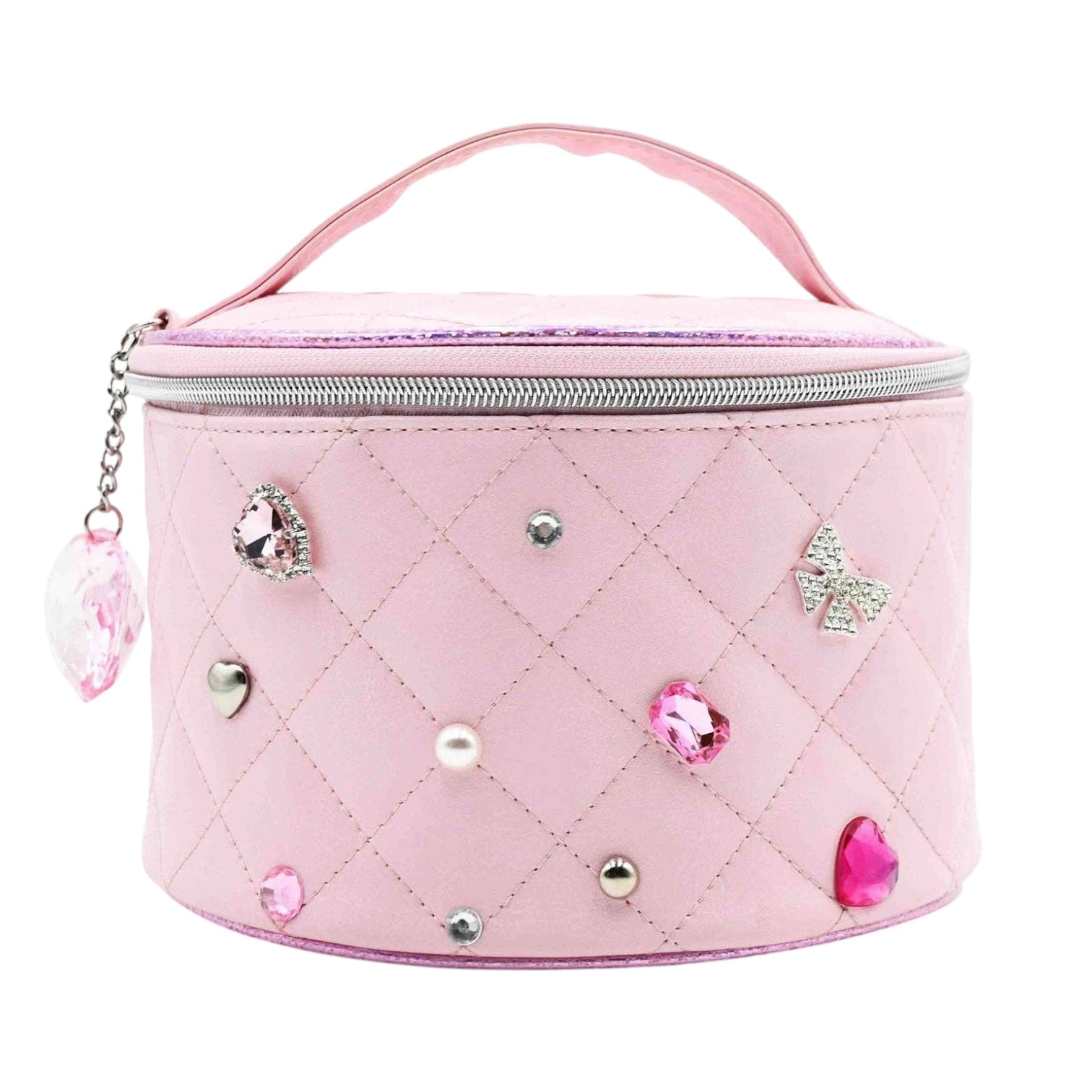 A pink quilted cosmetic bag with a top handle, silver zipper, and decorative rhinestones and pearl studs, shown on a white background.